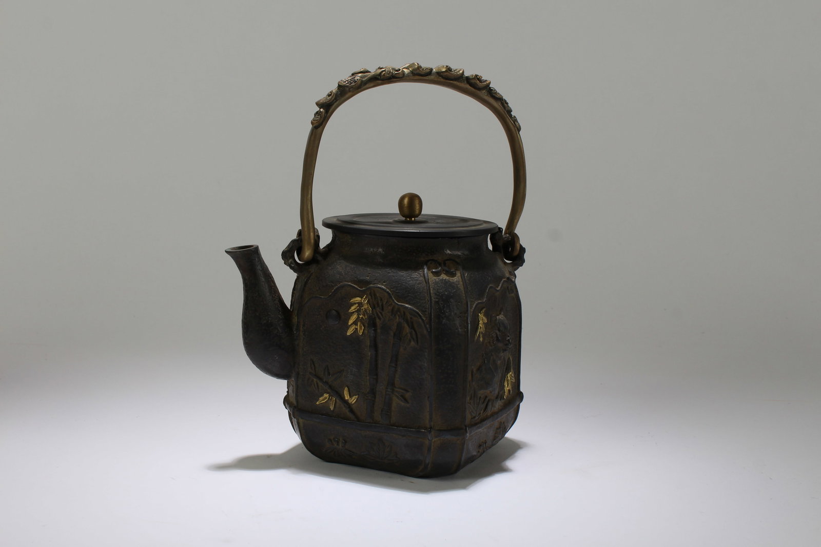 A Chinese Lidded Fortune Metal Tea Pot: A Chinese Lidded Fortune Metal Tea Pot. Height: 8.5 (inch). Length: 7 (inch). Width: 4 (inch).