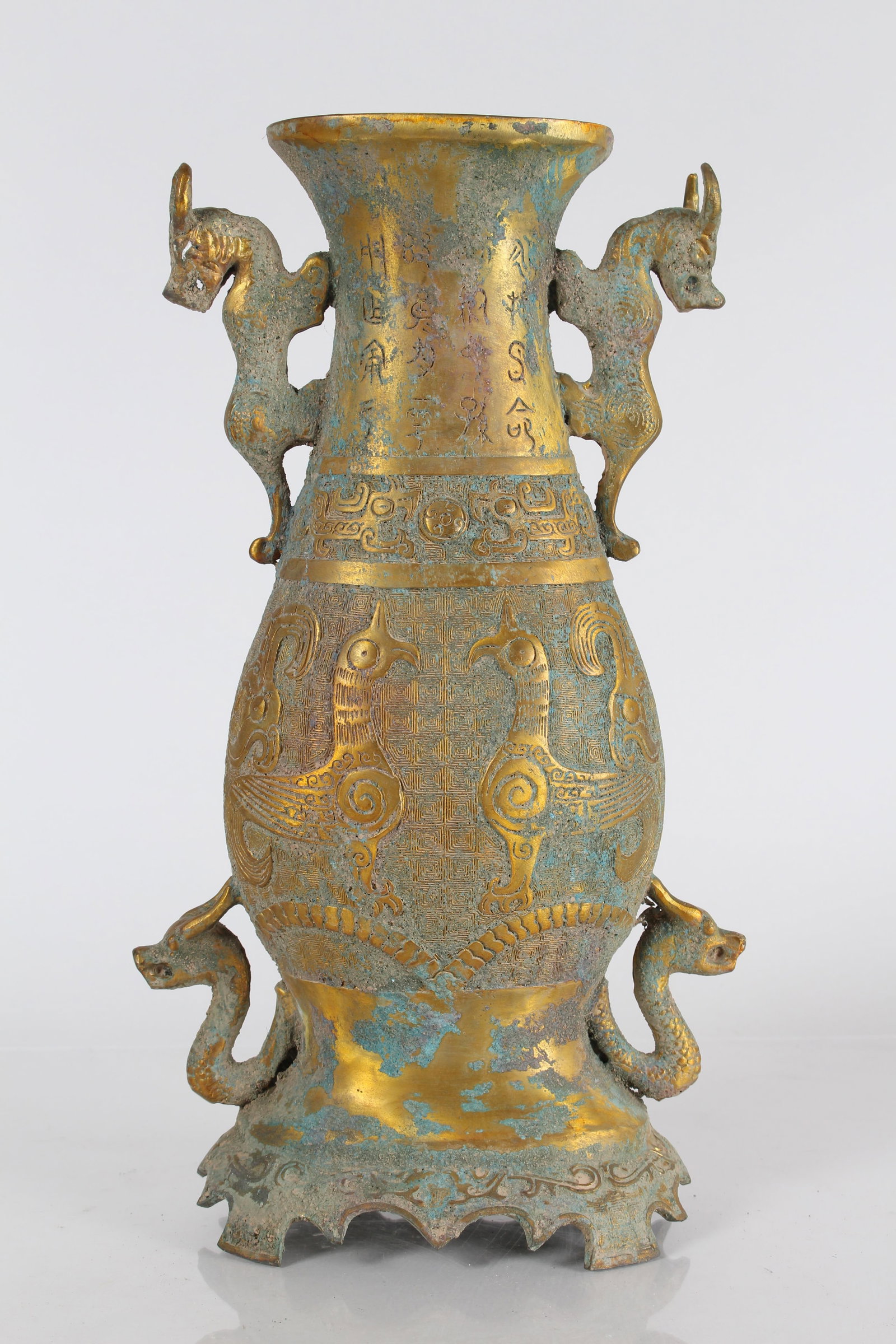 A Chinese Ancient-framing Duo-handled Fortune Bronze Vessel: A Chinese Ancient-framing Duo-handled Fortune Bronze Vessel. Height: 12.5 (inch).