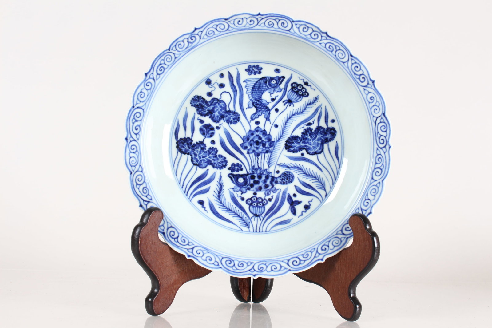 A Chinese Aqua-theme Blue and White Porcelain Fortune Plate: A Chinese Aqua-theme Blue and White Porcelain Fortune Plate. Height: 1.75 (inch). Opening Diameter: 8.5 (inch).