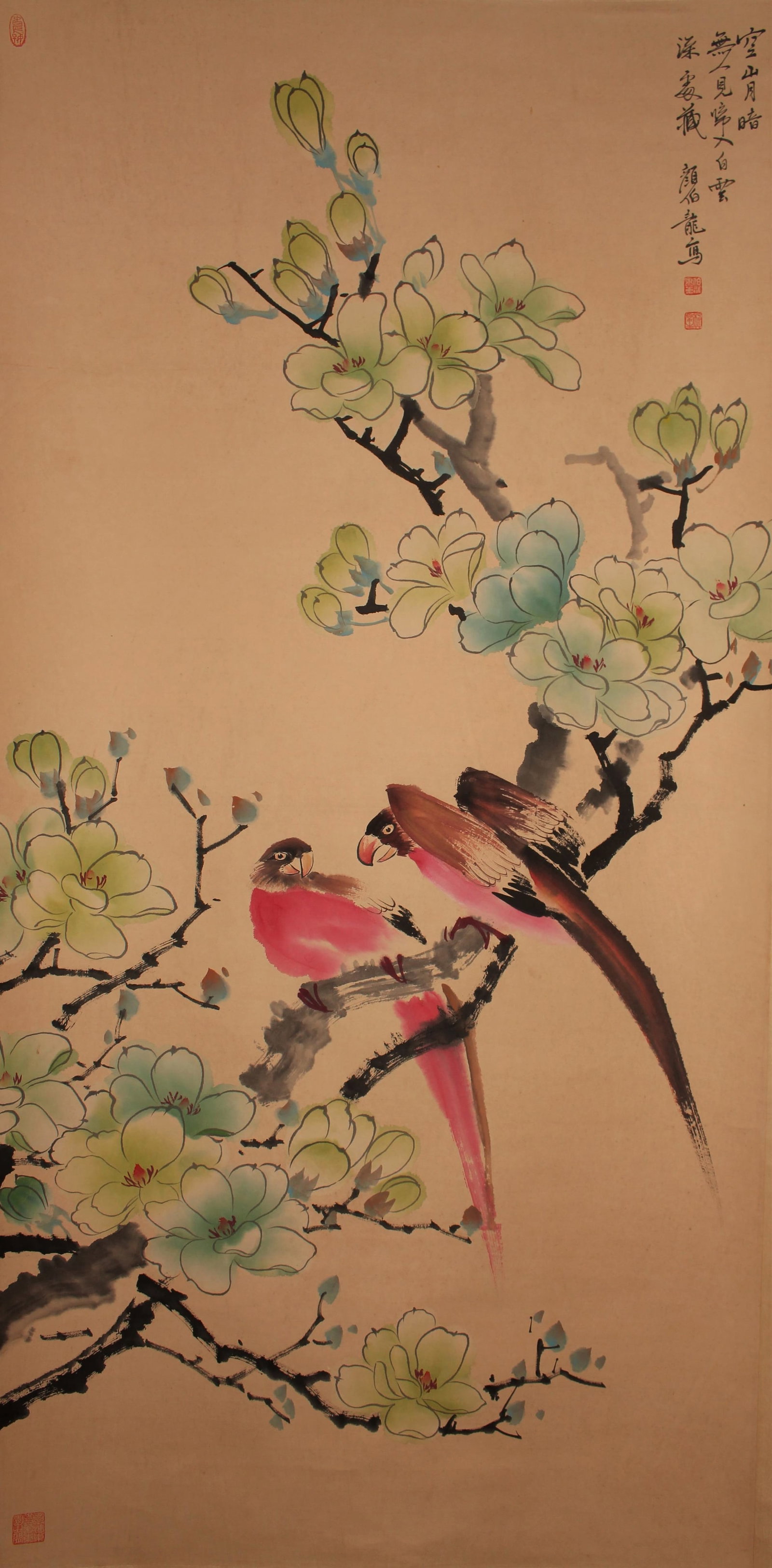 A Chinese Vividly-detailed Poetry-framing Nature-sceen Fortune Scroll: A Chinese Vividly-detailed Poetry-framing Nature-sceen Fortune Scroll . Length: 51 (inch). Width: 24.5 (inch).