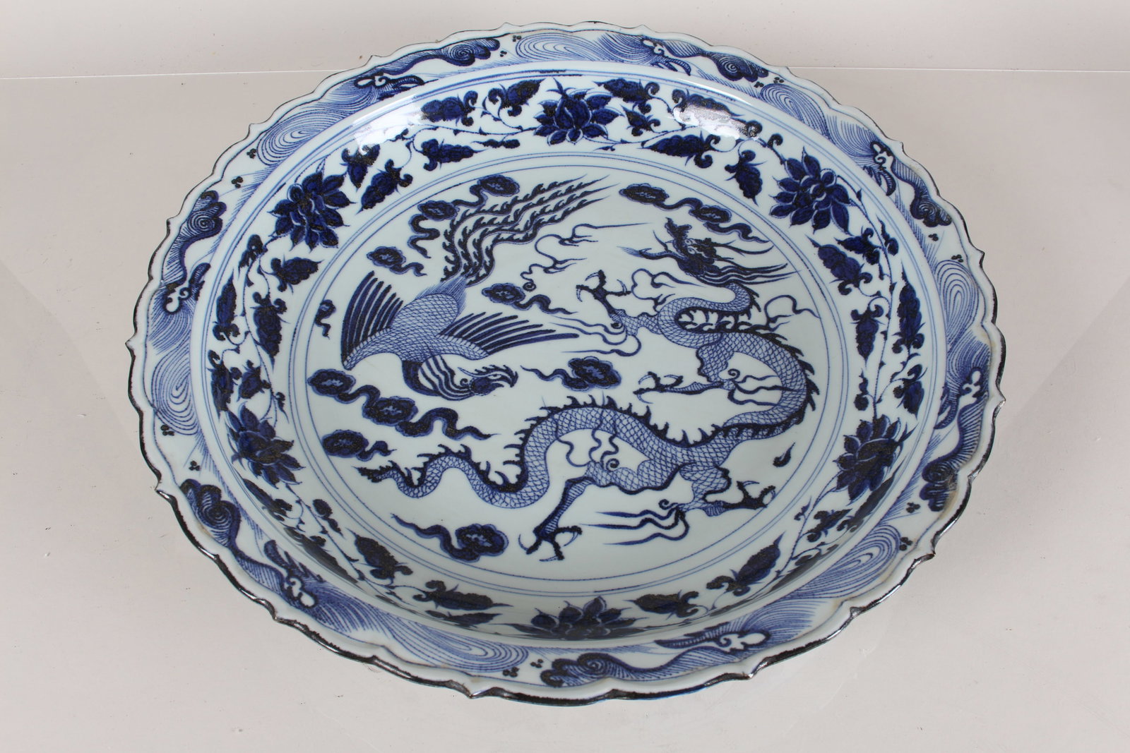 A Chinese Massive Blue and White Fortune Porcelain Plate: A Chinese Massive Blue and White Fortune Porcelain Plate. Height: 3 (inch). Opening Diameter: 17 (inch).