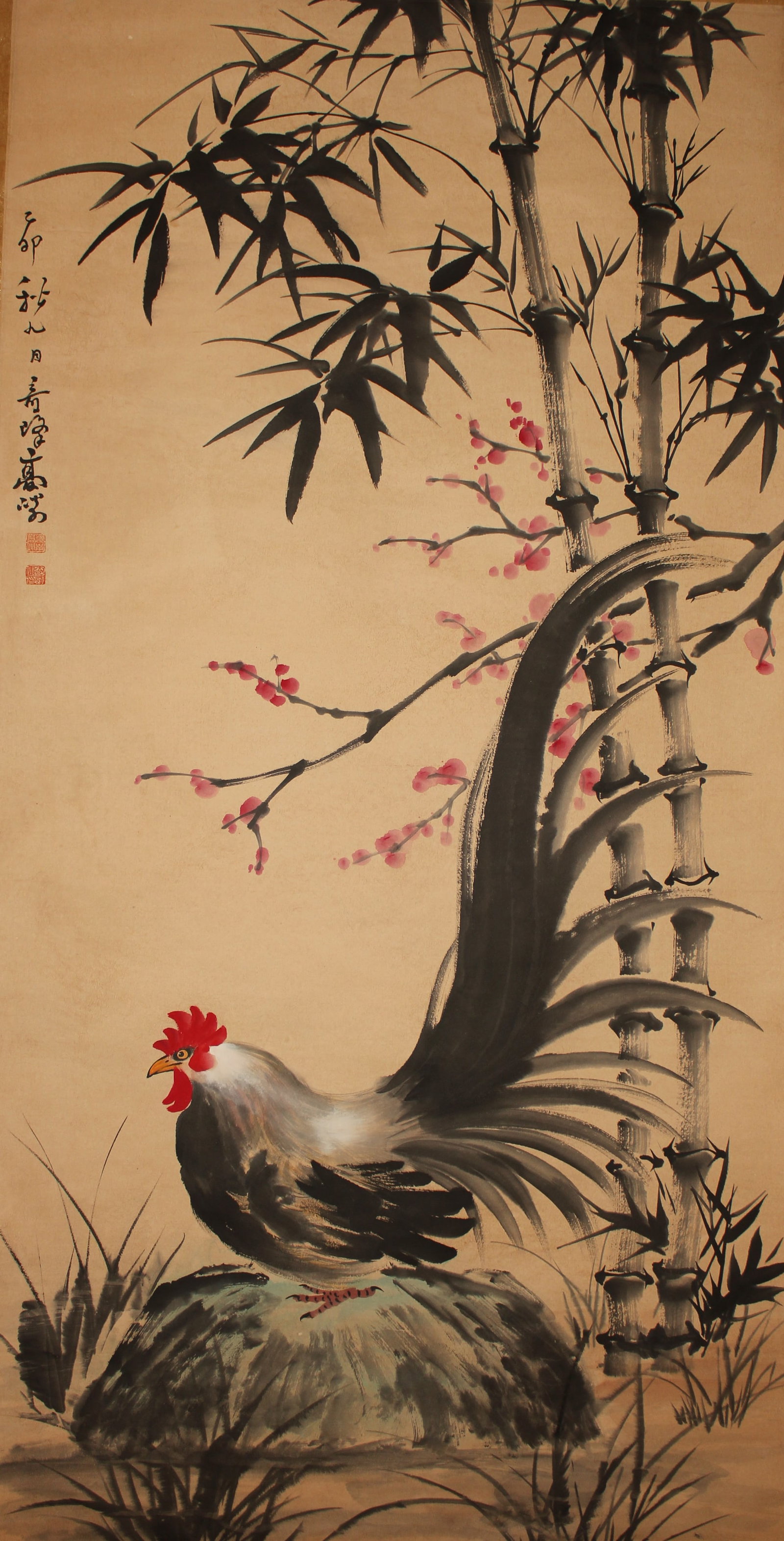 A Chinese Poetry-framing Rooster-fortune Scroll: A Chinese Poetry-framing Rooster-fortune Scroll. Length: 53 (inch). Width: 27 (inch).
