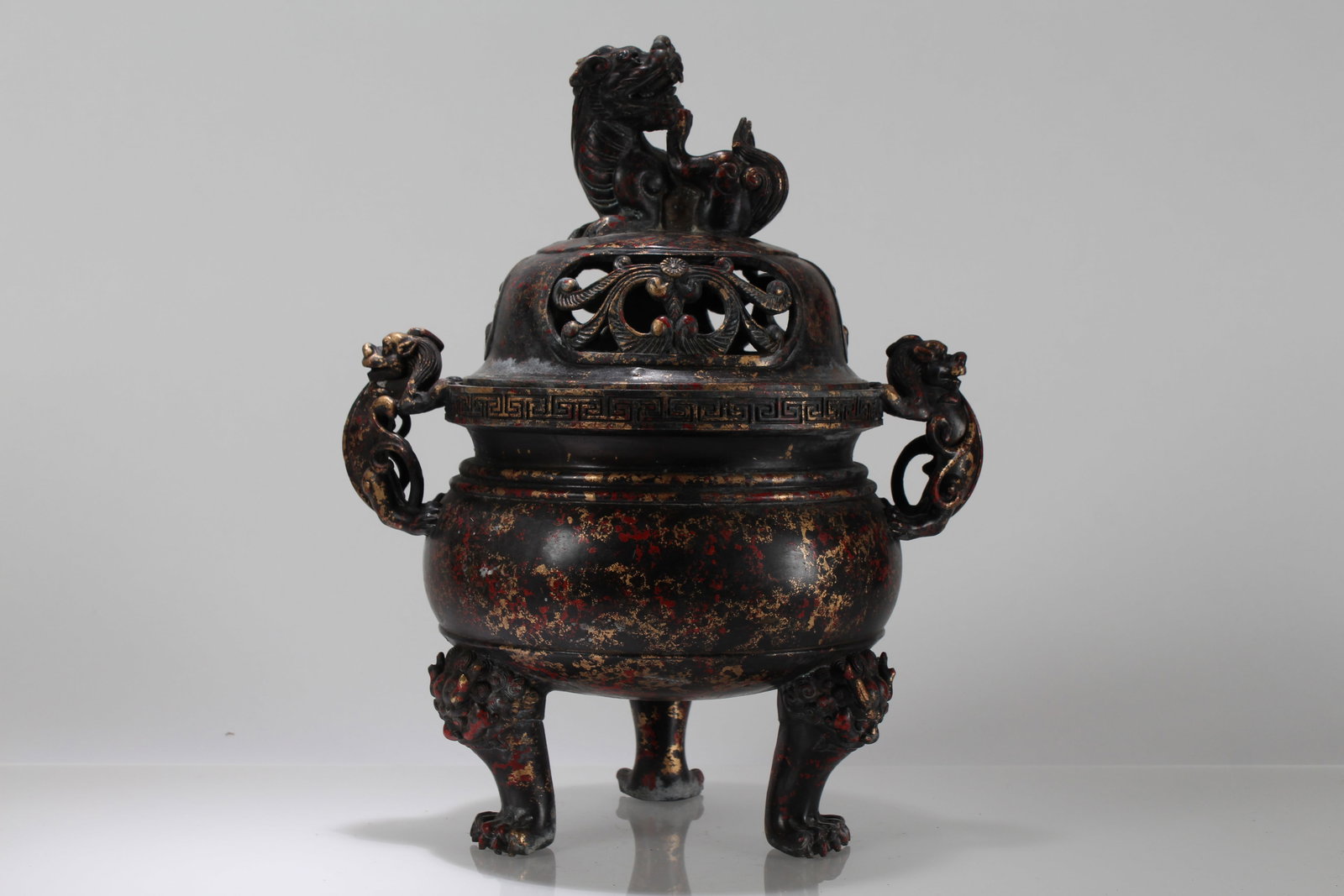 A Chinese Detailed Tri-podded Lidded Myth-beast Fortune Censer: A Chinese Detailed Tri-podded Lidded Myth-beast Fortune Censer. Height: 14.5 (inch). Opening Diameter: 11 (inch).