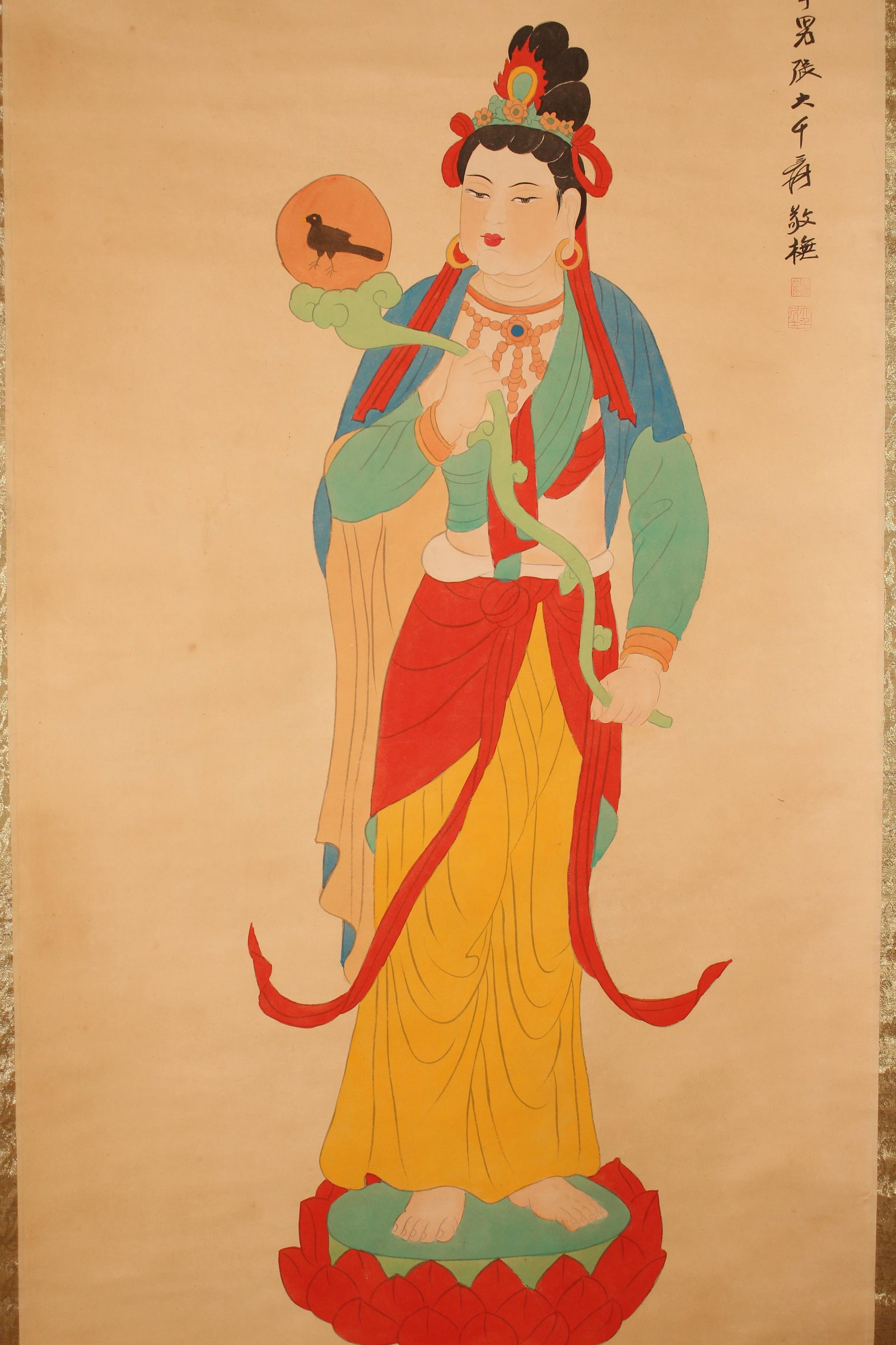 A Chinese Vividly-detailed Religious Lady-portrait Fortune Scroll: A Chinese Vividly-detailed Religious Lady-portrait Fortune Scroll. Length: 53 (inch). Width: 26 (inch).
