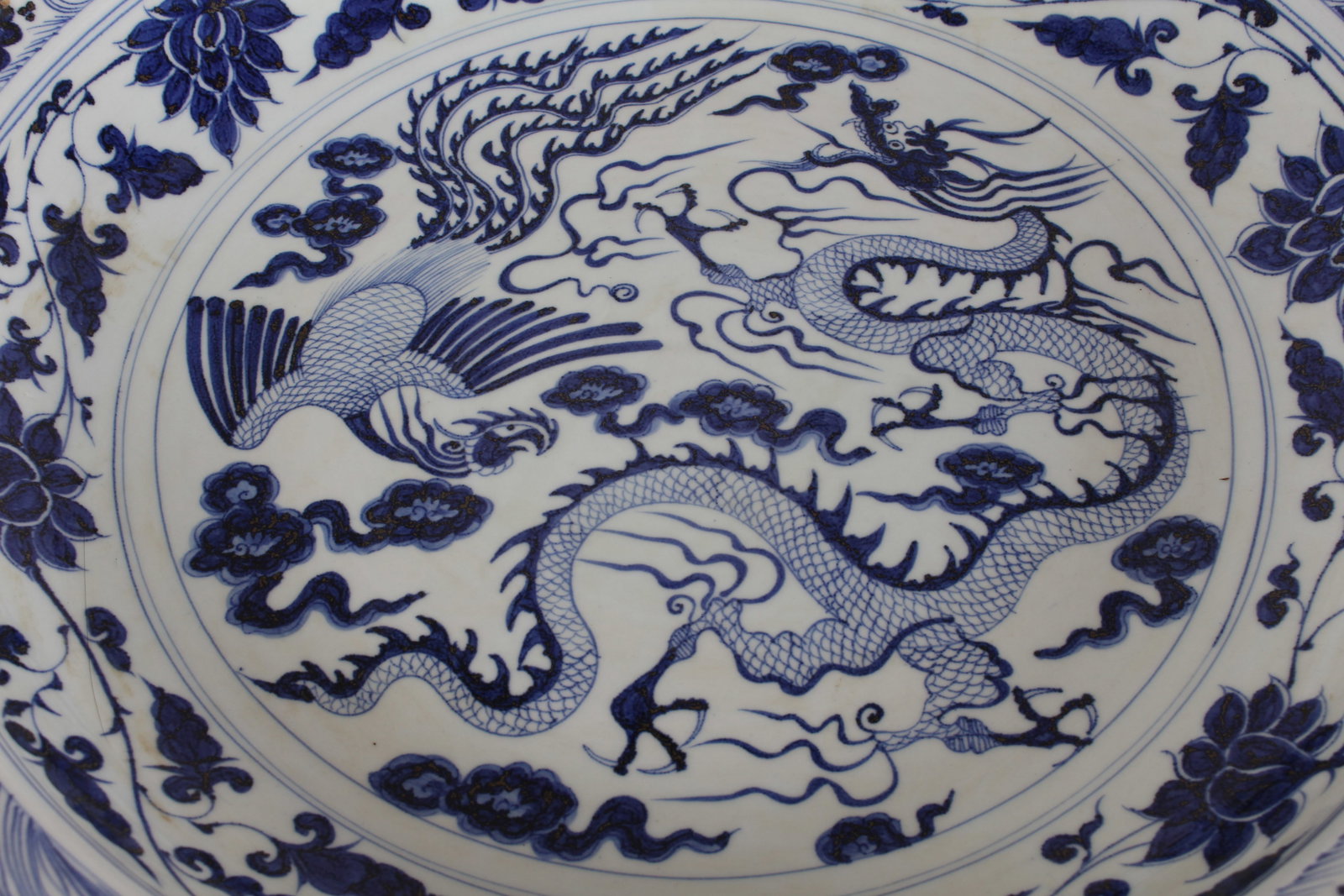 A Chinese Dragon-decorating Blue and White Porcelain Fortune Plate: A Chinese Dragon-decorating Blue and White Porcelain Fortune Plate. Height: 3 (inch). Opening Diameter: 17.5 (inch).