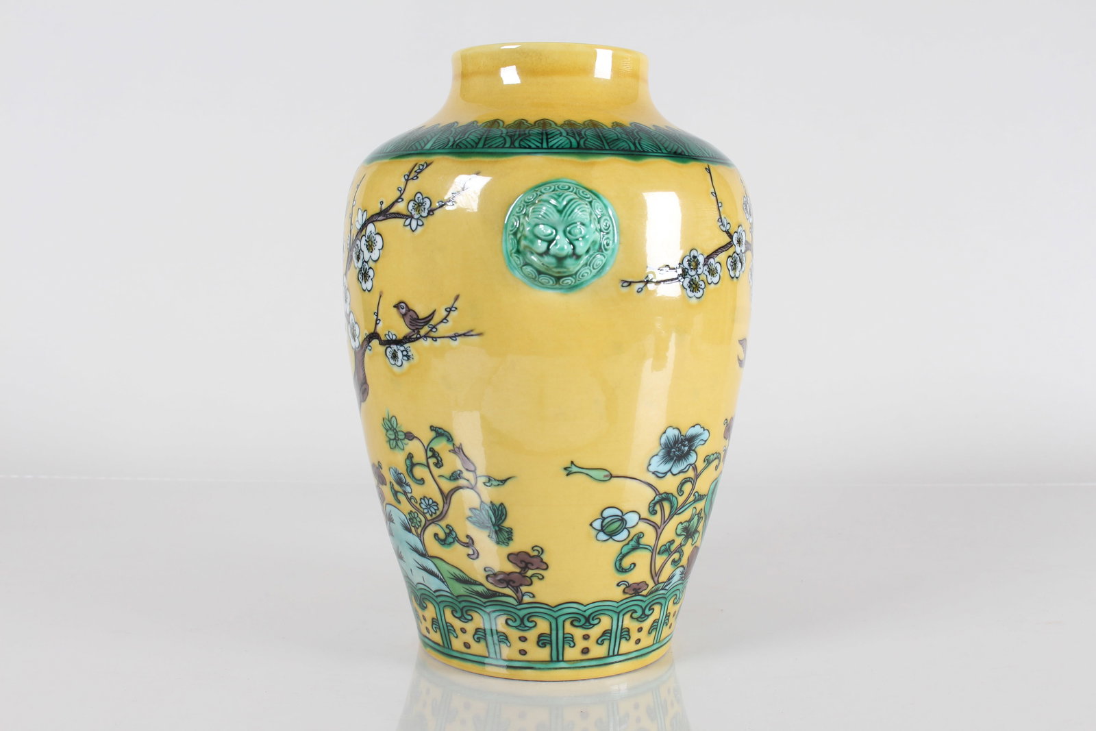 A Chinese Duo-handled Nature-sceen Yellow Porcelain Vase: A Chinese Duo-handled Nature-sceen Yellow Porcelain Vase . Height: 9 (inch).