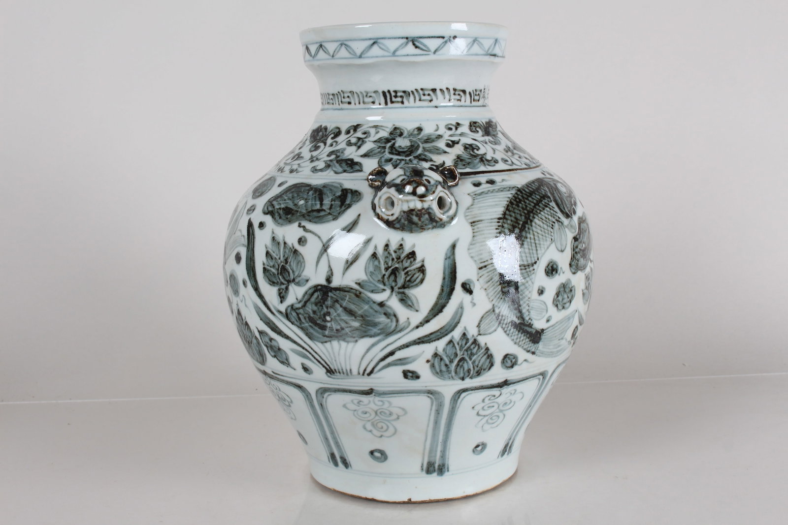 A Chinese Duo-handled Aqua-theme Blue and White Porcelain Fortune Vase: A Chinese Duo-handled Aqua-theme Blue and White Porcelain Fortune Vase . Height: 10.75 (inch).