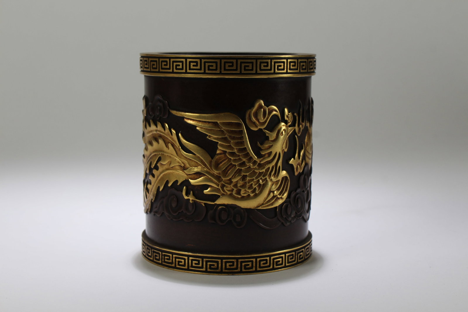A Chinese Phoenix-fortune Circular Metal Pot: A Chinese Phoenix-fortune Circular Metal Pot. Height: 4.5 (inch). Length: 8 (inch).