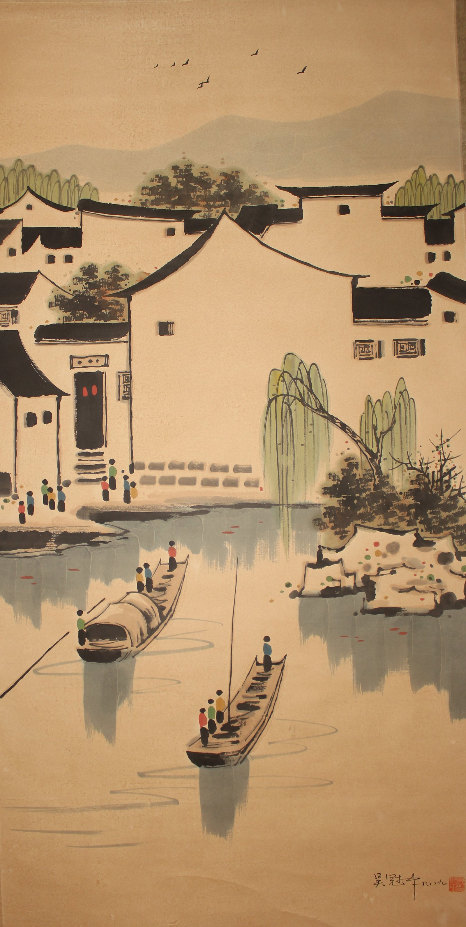 A Chinese Peaceful Lake-sceen Fortune Scroll: A Chinese Peaceful Lake-sceen Fortune Scroll. Length: 54 (inch). Width: 27 (inch).