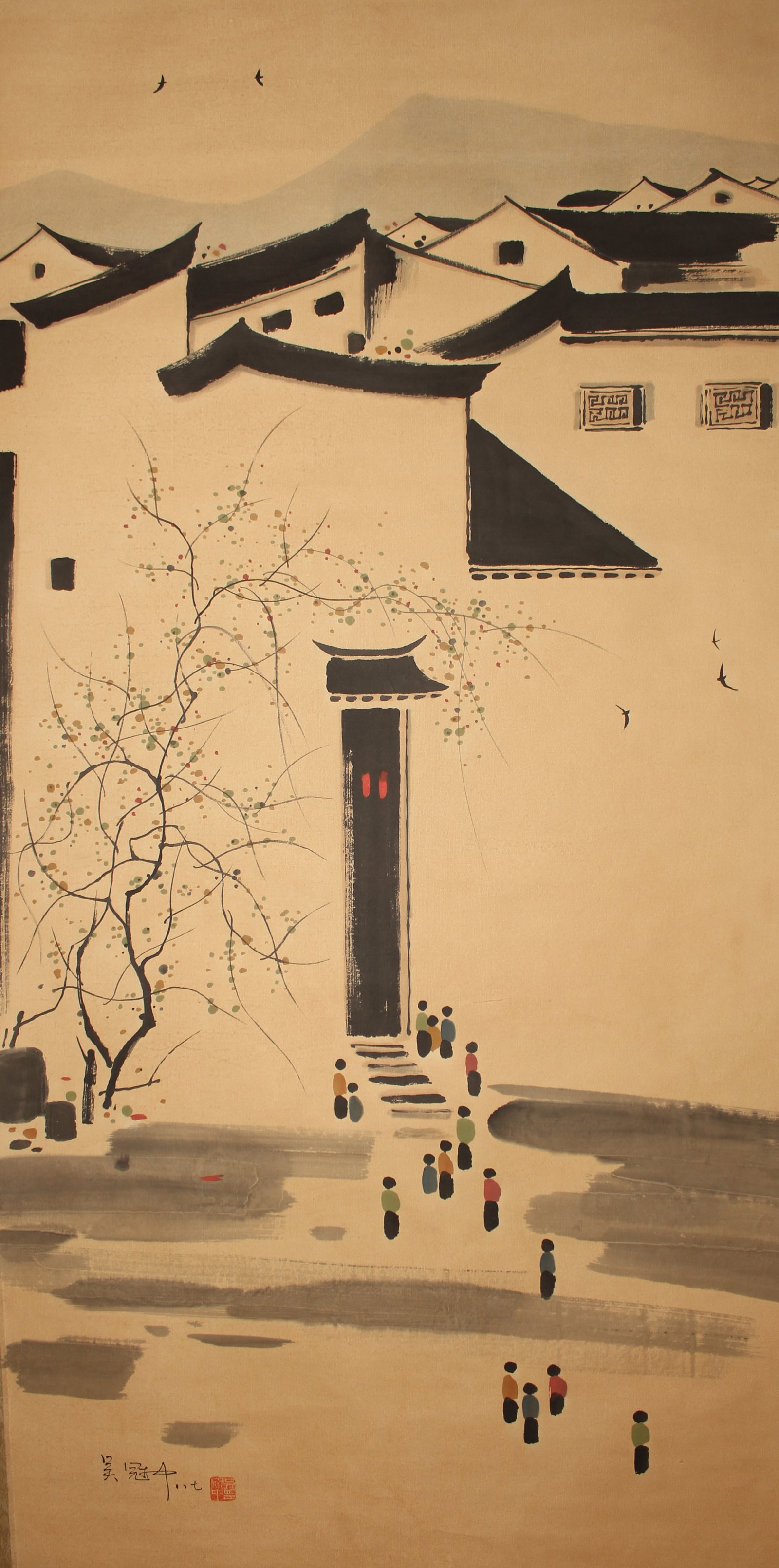 A Chinese Peaceful Lake-sceen Fortune Scroll: A Chinese Peaceful Lake-sceen Fortune Scroll. Length: 54 (inch). Width: 27 (inch).