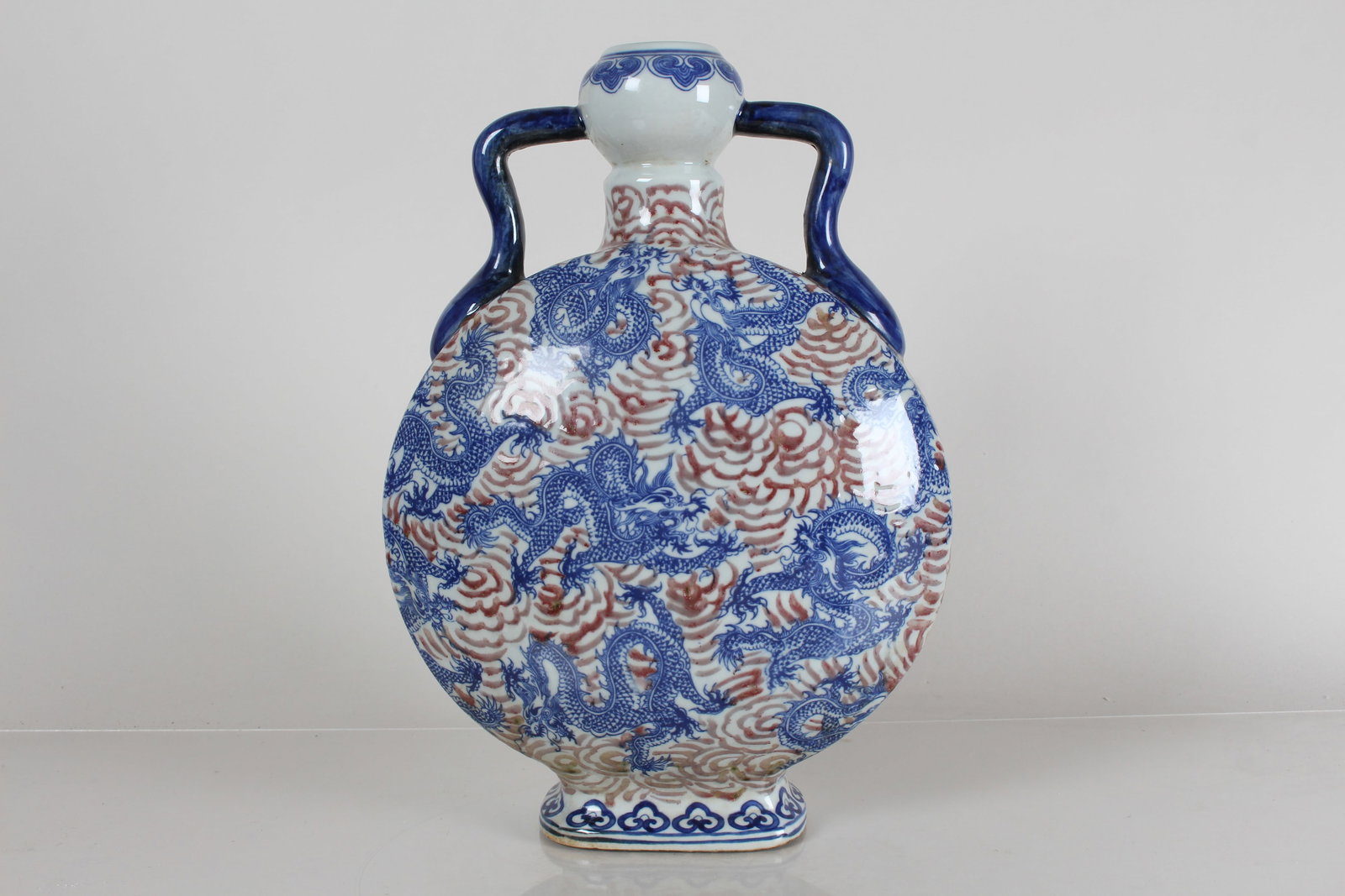 A Chinese Duo-handled Ancient-framing Detailed Blue and White Porcelain Fortune Vase: A Chinese Duo-handled Ancient-framing Detailed Blue and White Porcelain Fortune Vase . Height: 14.5 (inch).