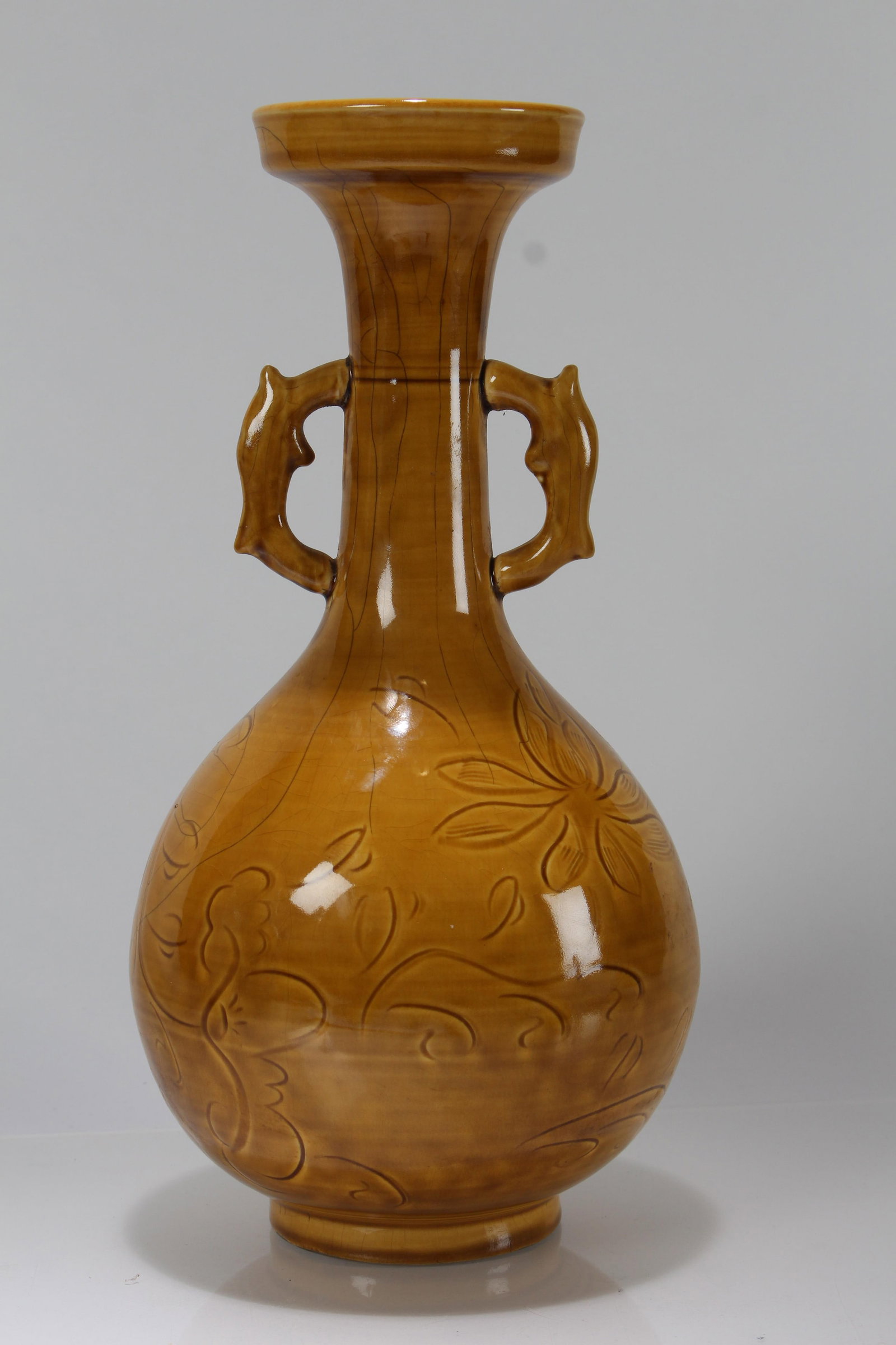 A Chinese Duo-handling Yellow-coding Porcelain Fortune Vase: A Chinese Duo-handling Yellow-coding Porcelain Fortune Vase . Height: 12 (inch).