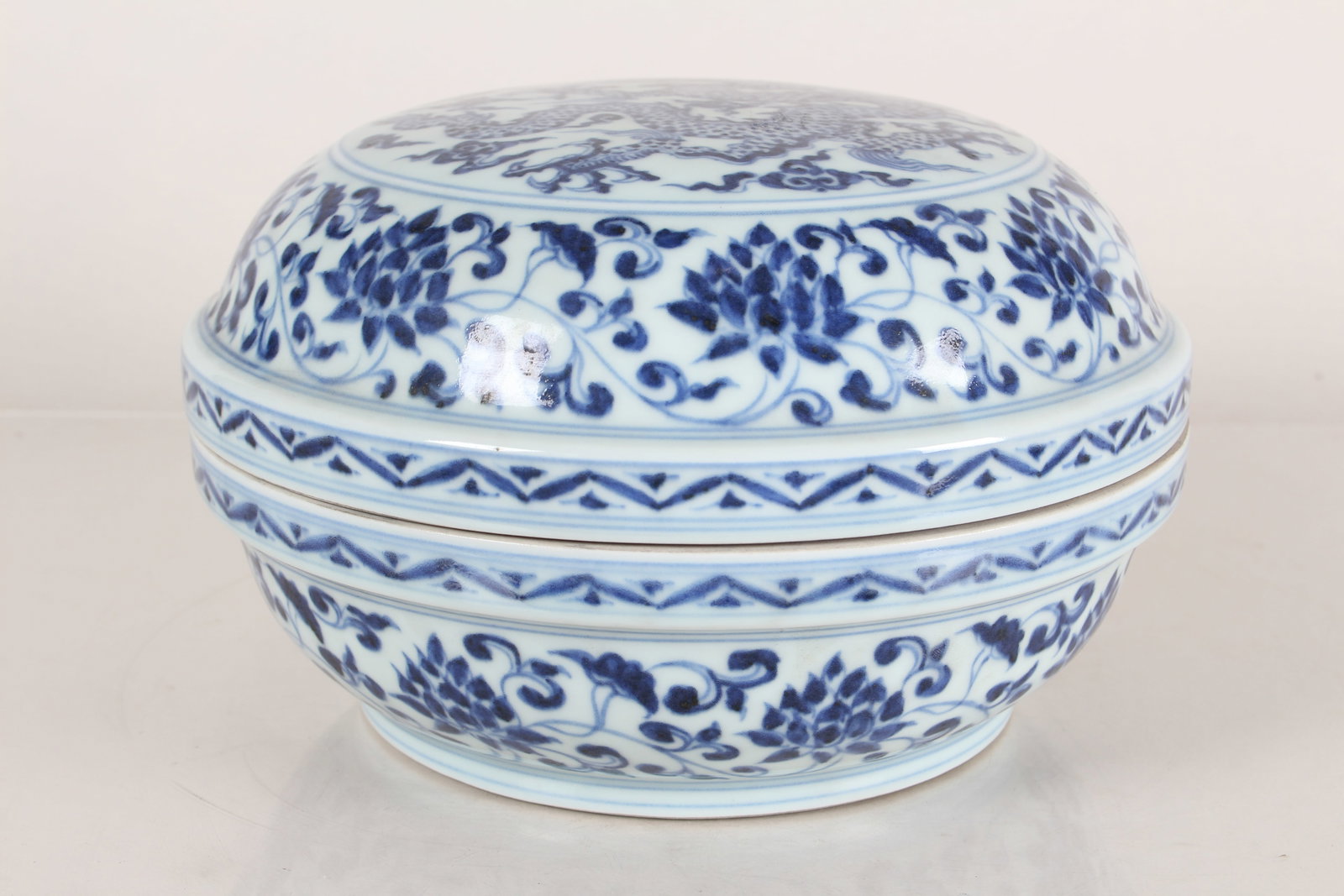 A Chinese Massive Blue and White Porcelain Lidded Box: A Chinese Massive Blue and White Porcelain Lidded Box. Height: 6.5 (inch). Opening Diameter: 9 (inch).