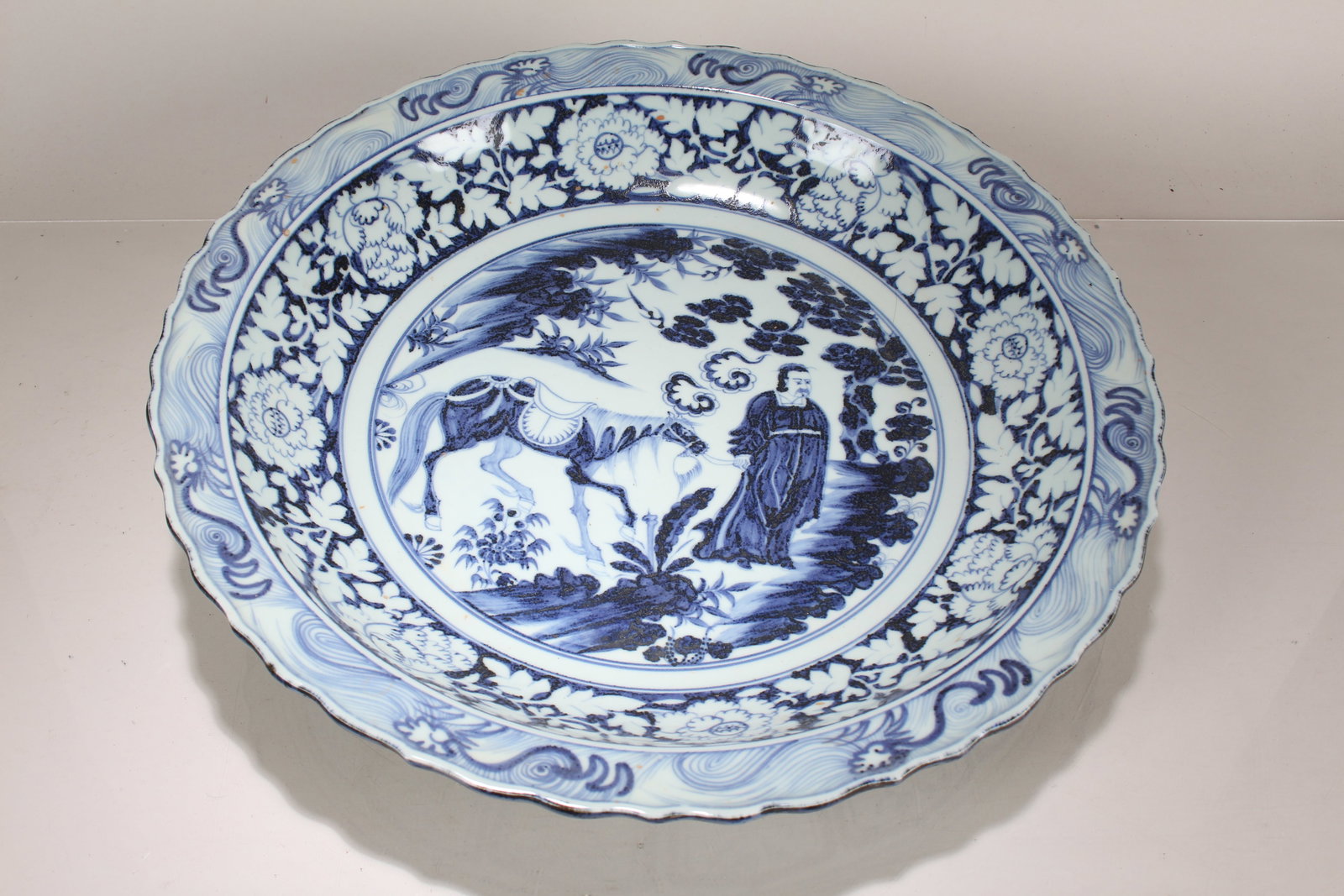 A Chinese Massive Blue and White Porcelain Fortune Plate: A Chinese Massive Blue and White Porcelain Fortune Plate. Height: 2.75 (inch). Opening Diameter: 17.5 (inch).
