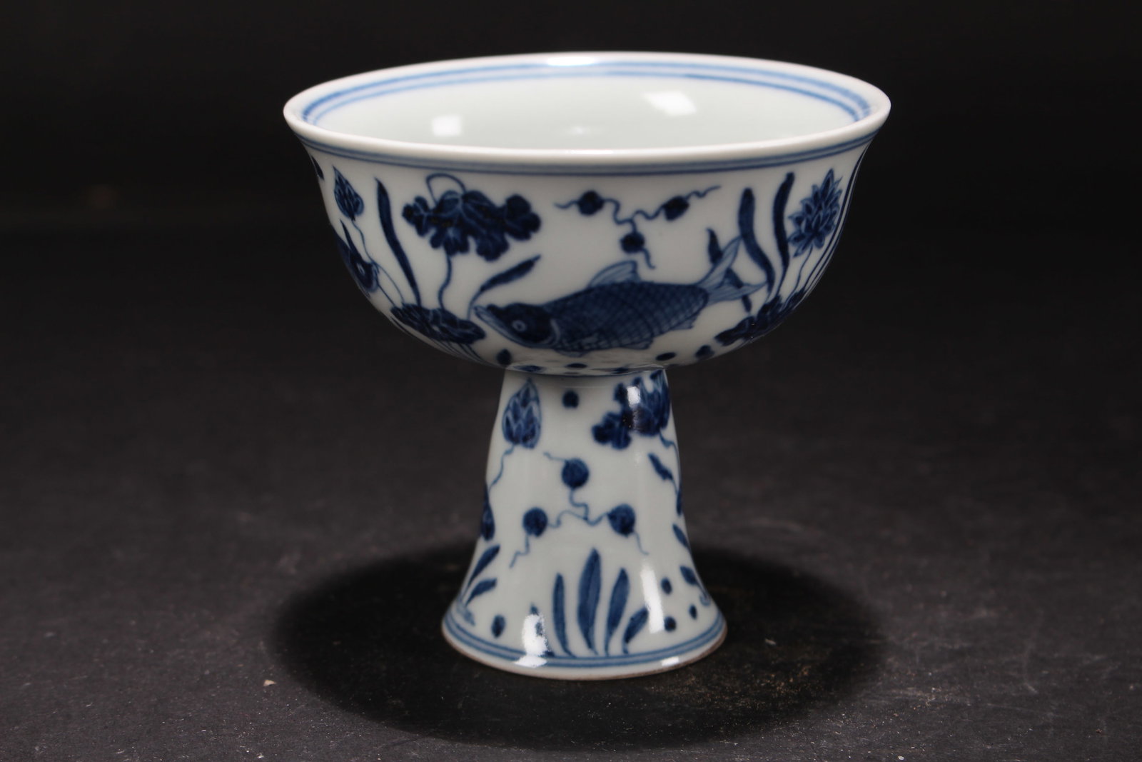 A Chinese Aqua-theme Blue and White Porcelain Fortune Cup: A Chinese Aqua-theme Blue and White Porcelain Fortune Cup. Height: 3.5 (inch). Opening Diameter: 3.5 (inch).
