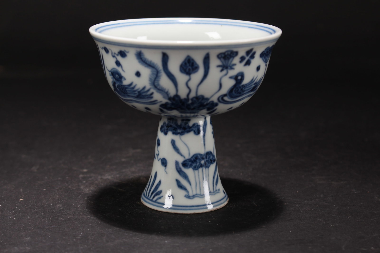 A Chinese Aqua-theme Blue and White Porcelain Fortune Cup: A Chinese Aqua-theme Blue and White Porcelain Fortune Cup. Height: 3.5 (inch). Opening Diameter: 3.5 (inch).