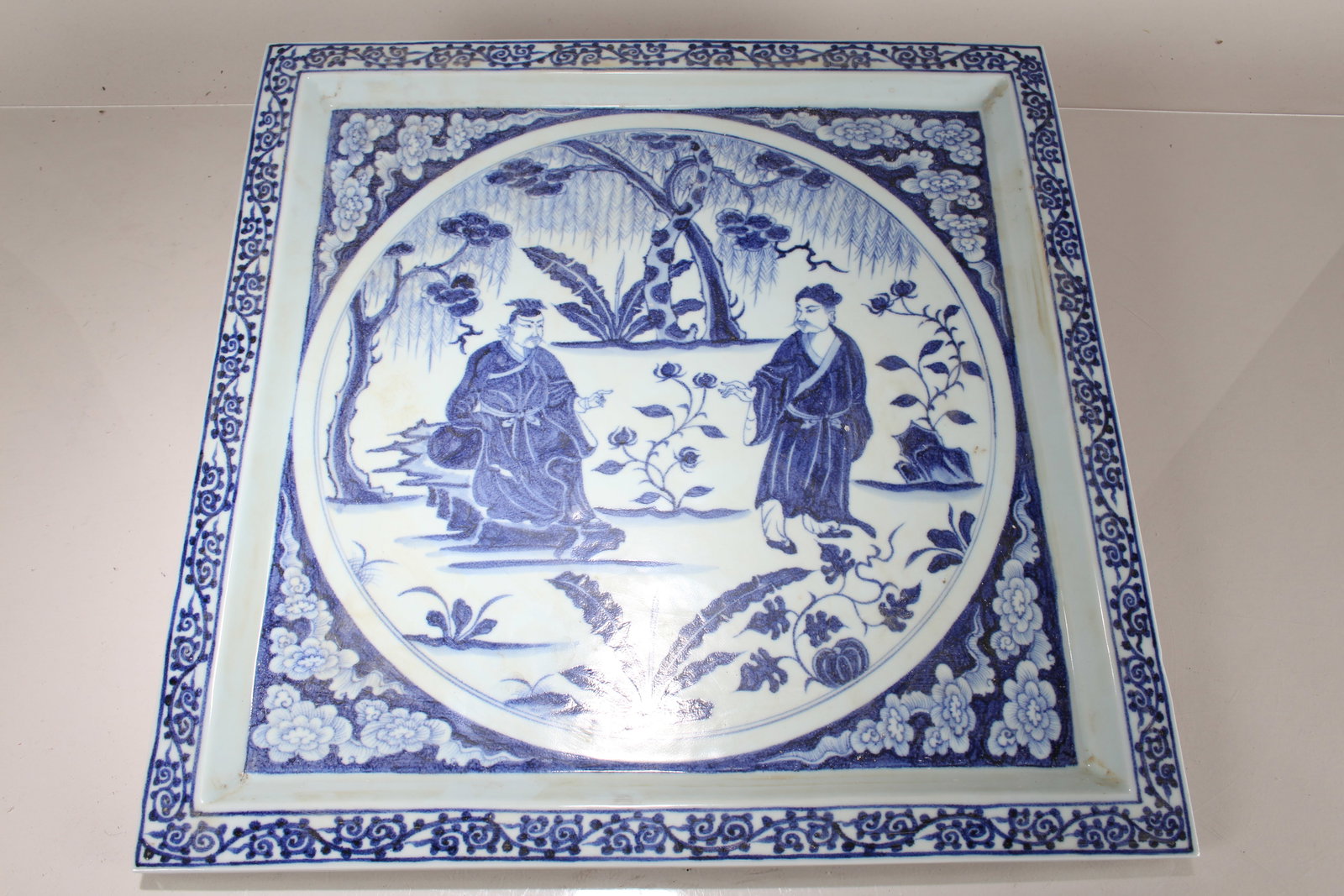 A Chinese Square-based Massive Blue and White Porcelain Fortune Plate: A Chinese Square-based Massive Blue and White Porcelain Fortune Plate. Length: 17.5 (inch). Width: 17.5 (inch).