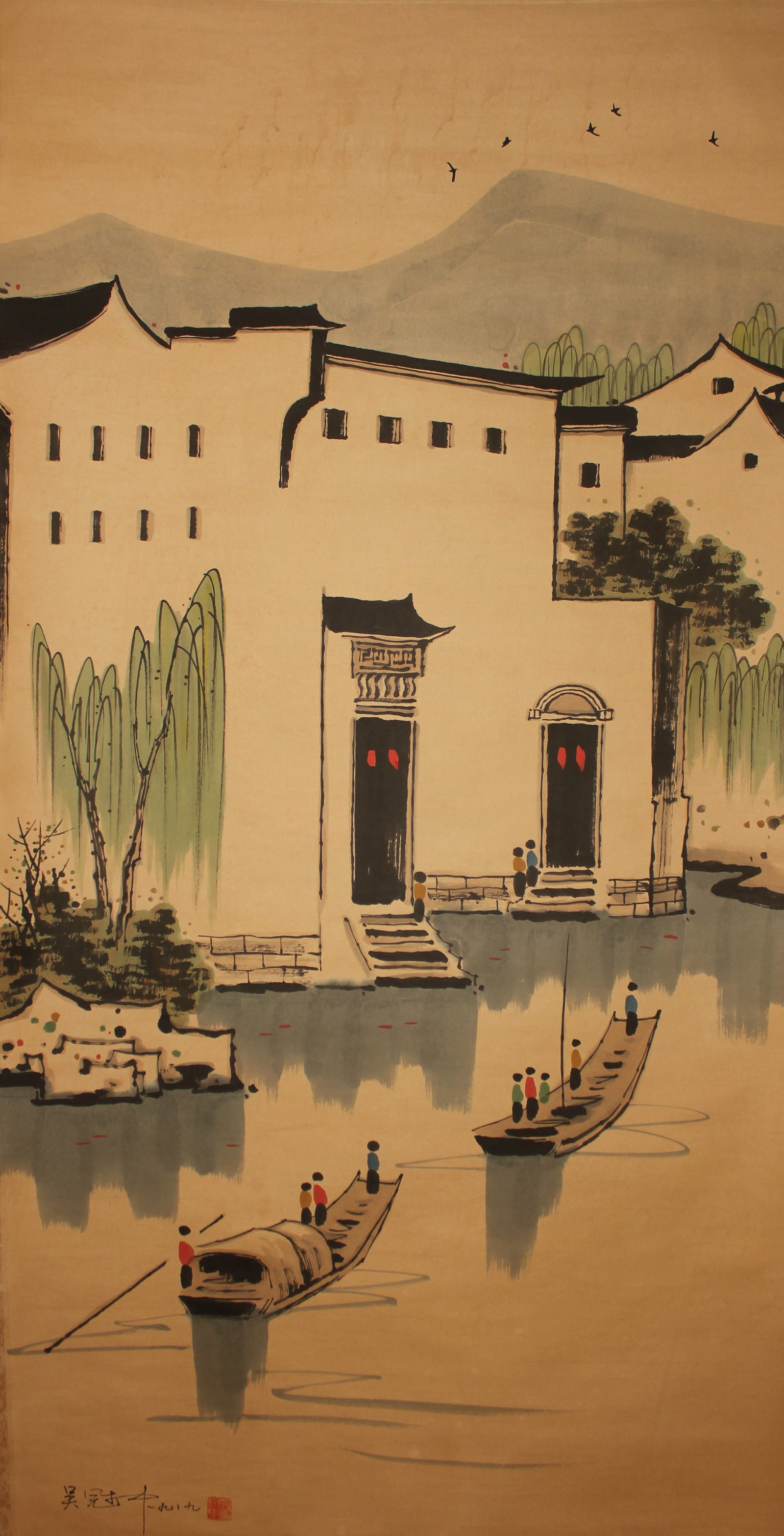 A Chinese Peaceful Lake-sceen Fortune Scroll: A Chinese Peaceful Lake-sceen Fortune Scroll. Length: 53 (inch). Width: 27 (inch).