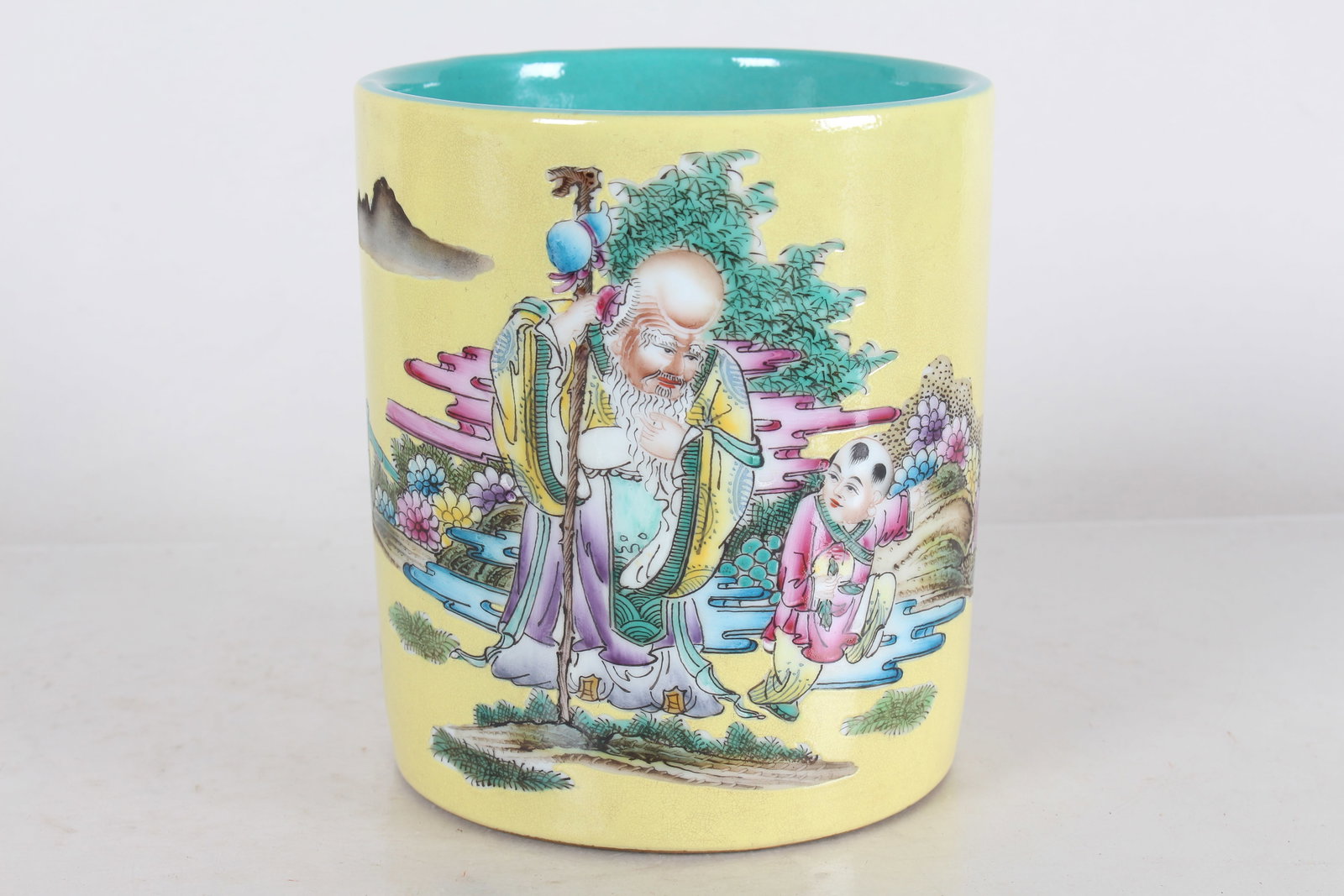 A Chinese Circular Elder-portrait Detailed Story-telling Porcelain Brush Pot: A Chinese Circular Elder-portrait Detailed Story-telling Porcelain Brush Pot. Height: 6 (inch). Opening Diameter: 5.25 (inch).