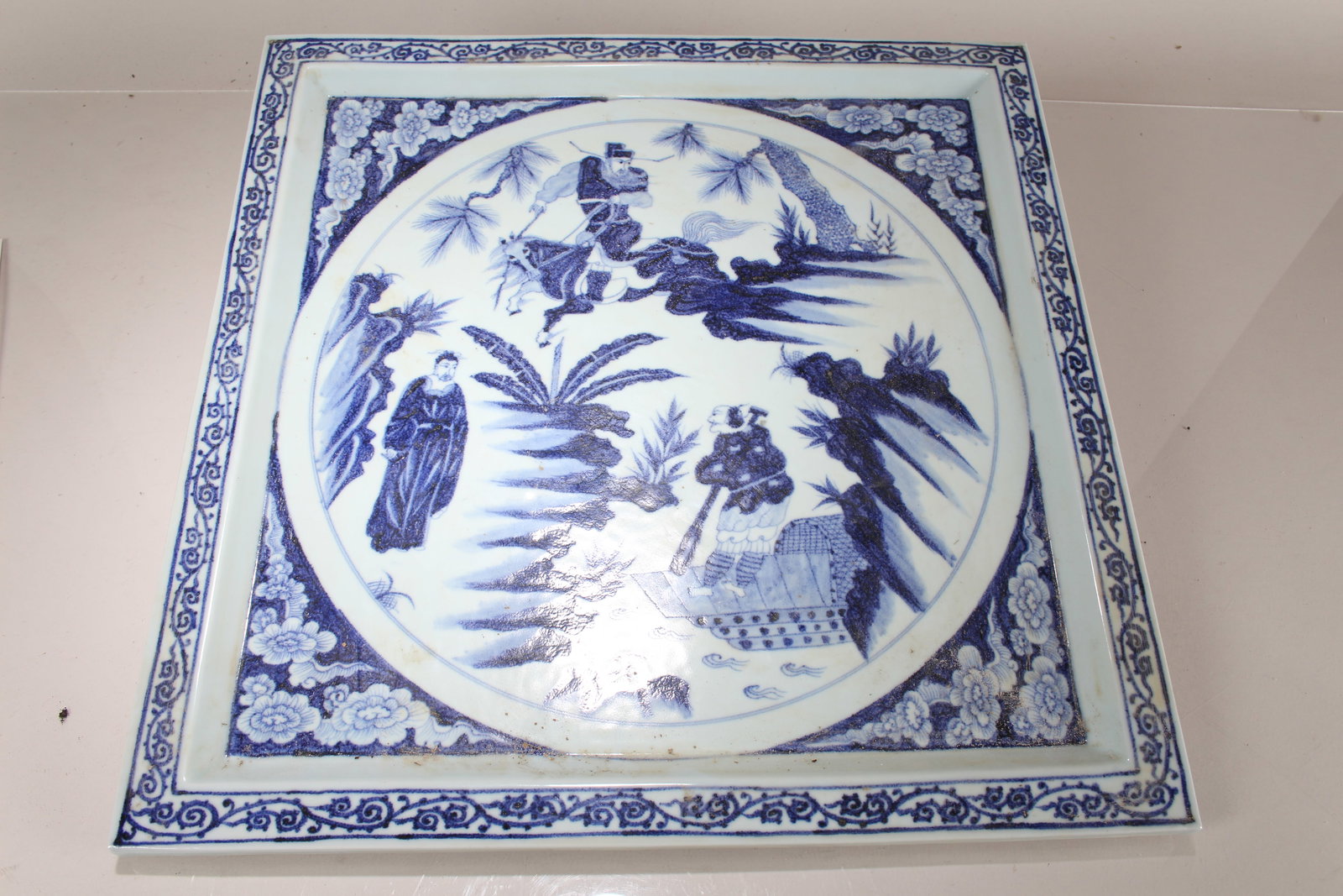 A Chinese Square-based Massive Blue and White Porcelain Fortune Plate: A Chinese Square-based Massive Blue and White Porcelain Fortune Plate. Length: 17.5 (inch). Width: 17.5 (inch).