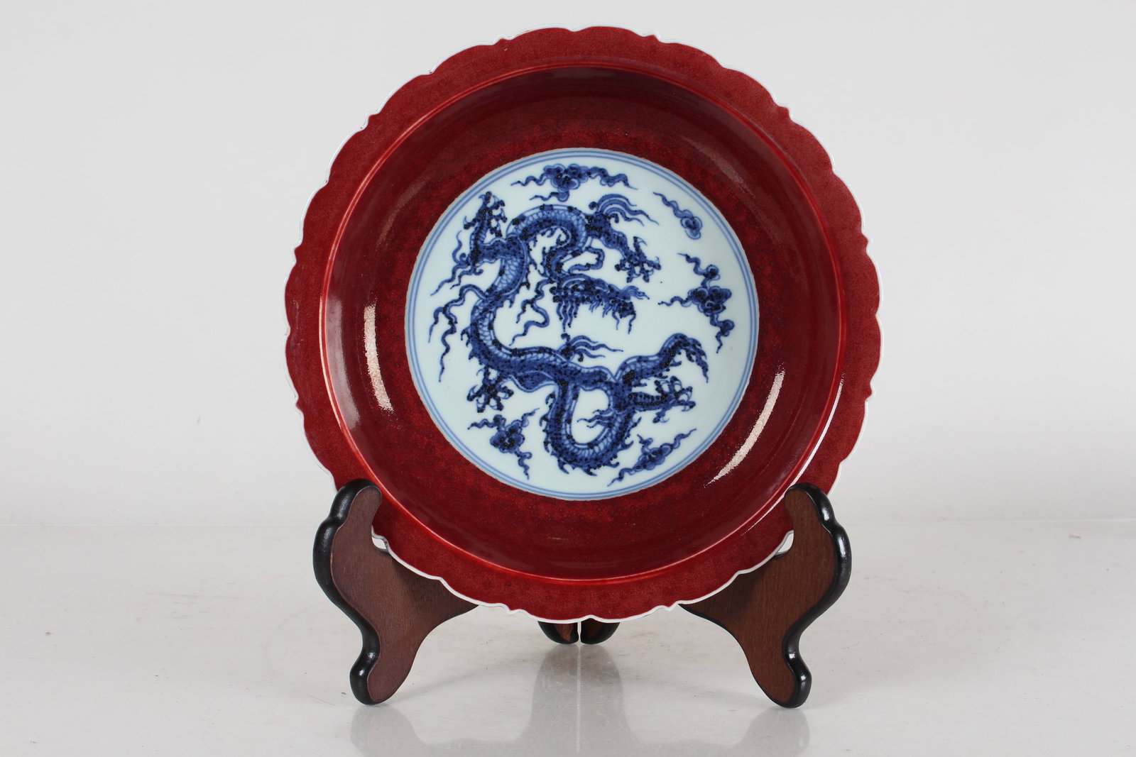 A Chinese Blue and White Dragon-decorating Red-coding Porcelain Fortune Plate: A Chinese Blue and White Dragon-decorating Red-coding Porcelain Fortune Plate. Height: 1.75 (inch). Opening Diameter: 8.75 (inch).