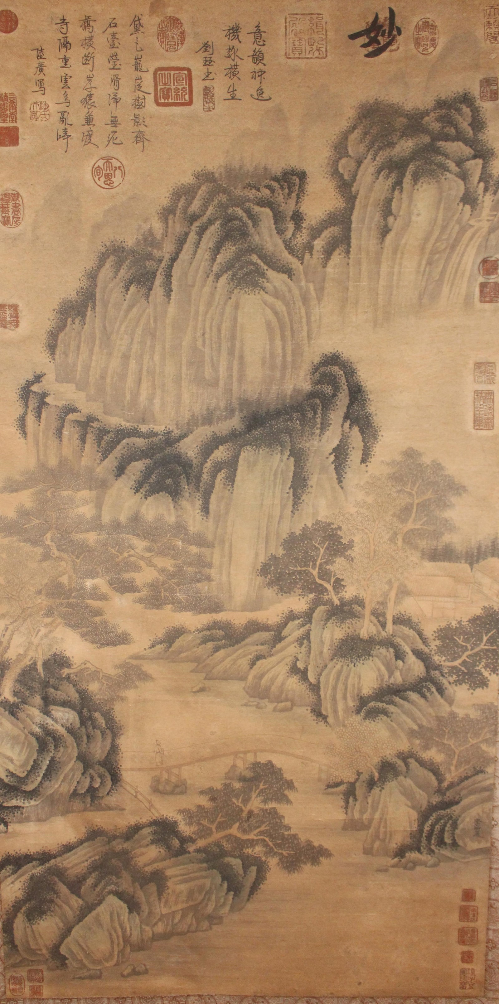 A Chinese Detailed Mountain-view Poetry-framing Fortune Scroll: A Chinese Detailed Mountain-view Poetry-framing Fortune Scroll .Length: 50(inch). Width: 25 (inch).