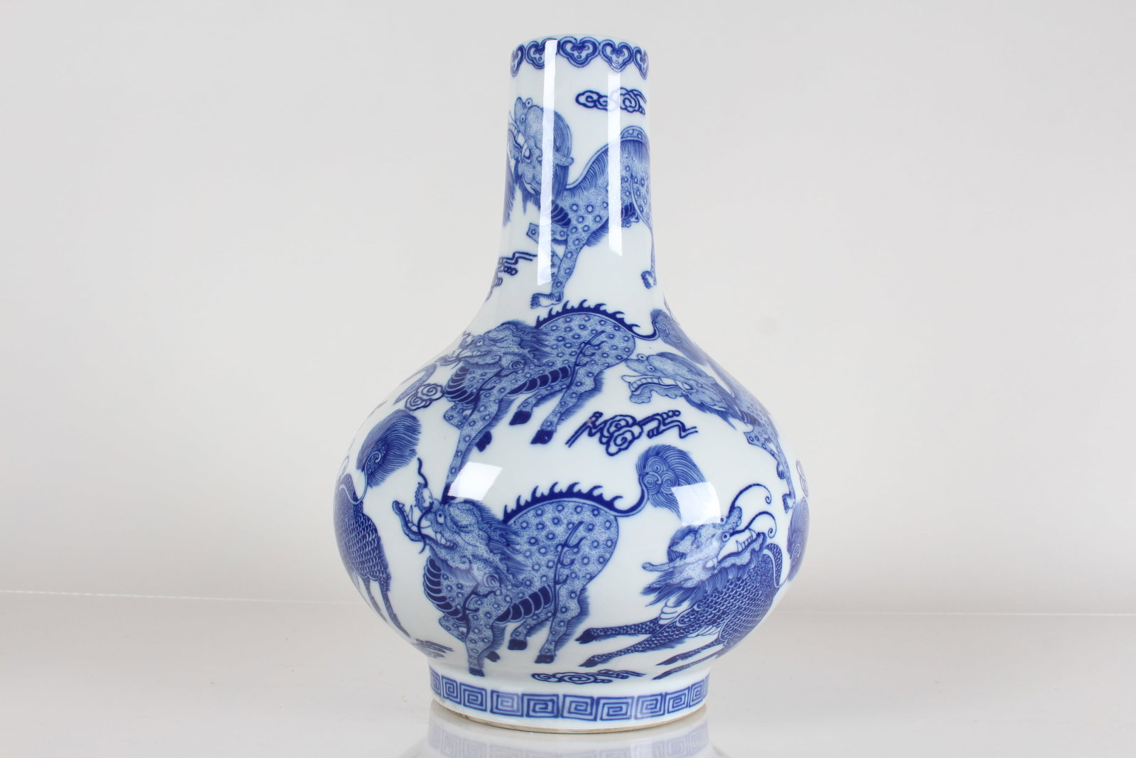 A Chinese Myth-beast Blue and White Porcelain Fortune Vase: A Chinese Myth-beast Blue and White Porcelain Fortune Vase . Height: 13.5 (inch).