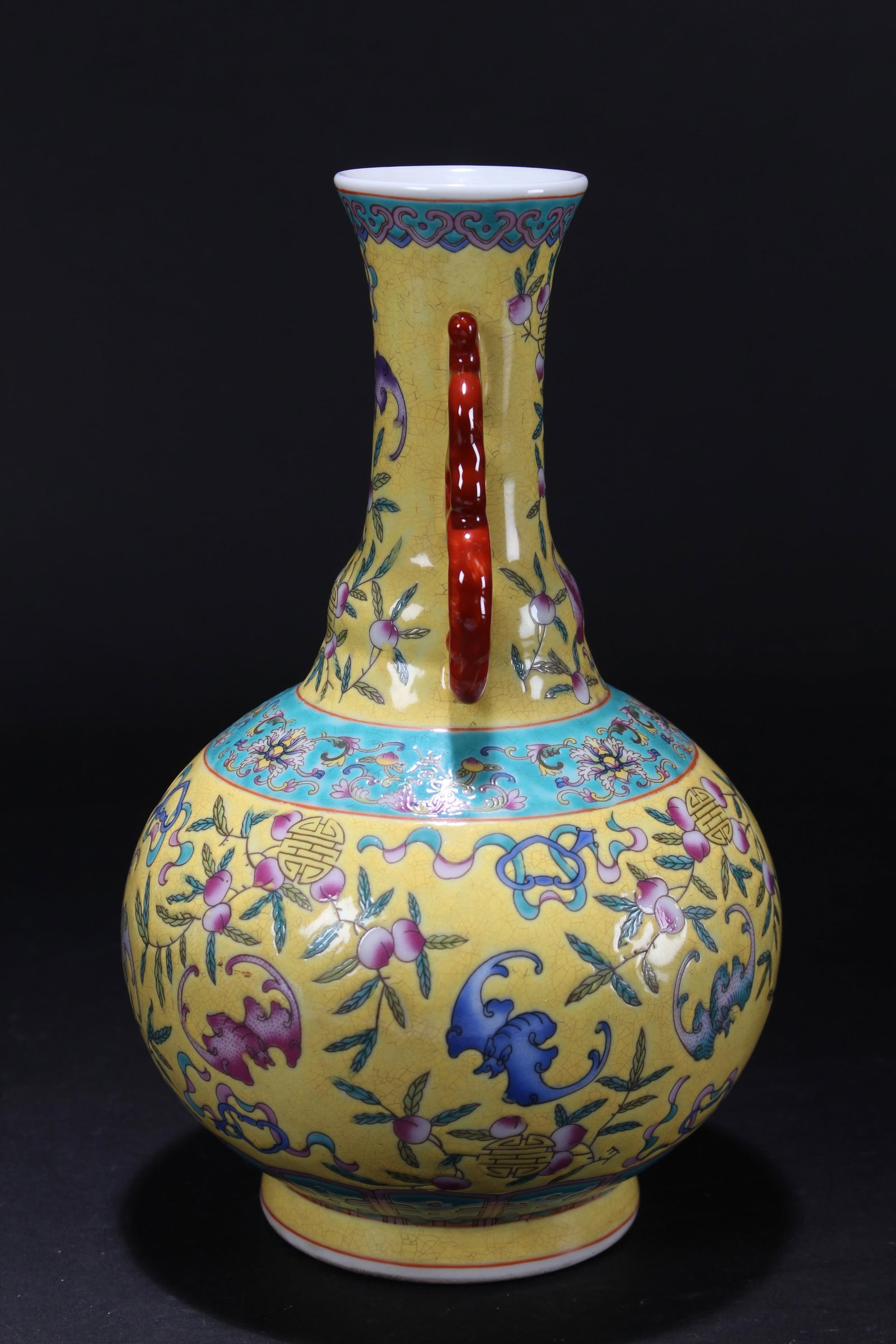 A Chinese Duo-handled Yellow-coding Porcelain Fortune Vase - 2