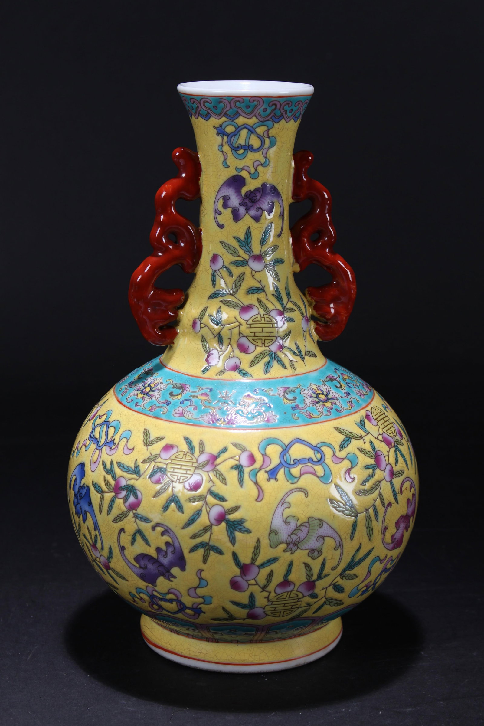 A Chinese Duo-handled Yellow-coding Porcelain Fortune Vase - 3