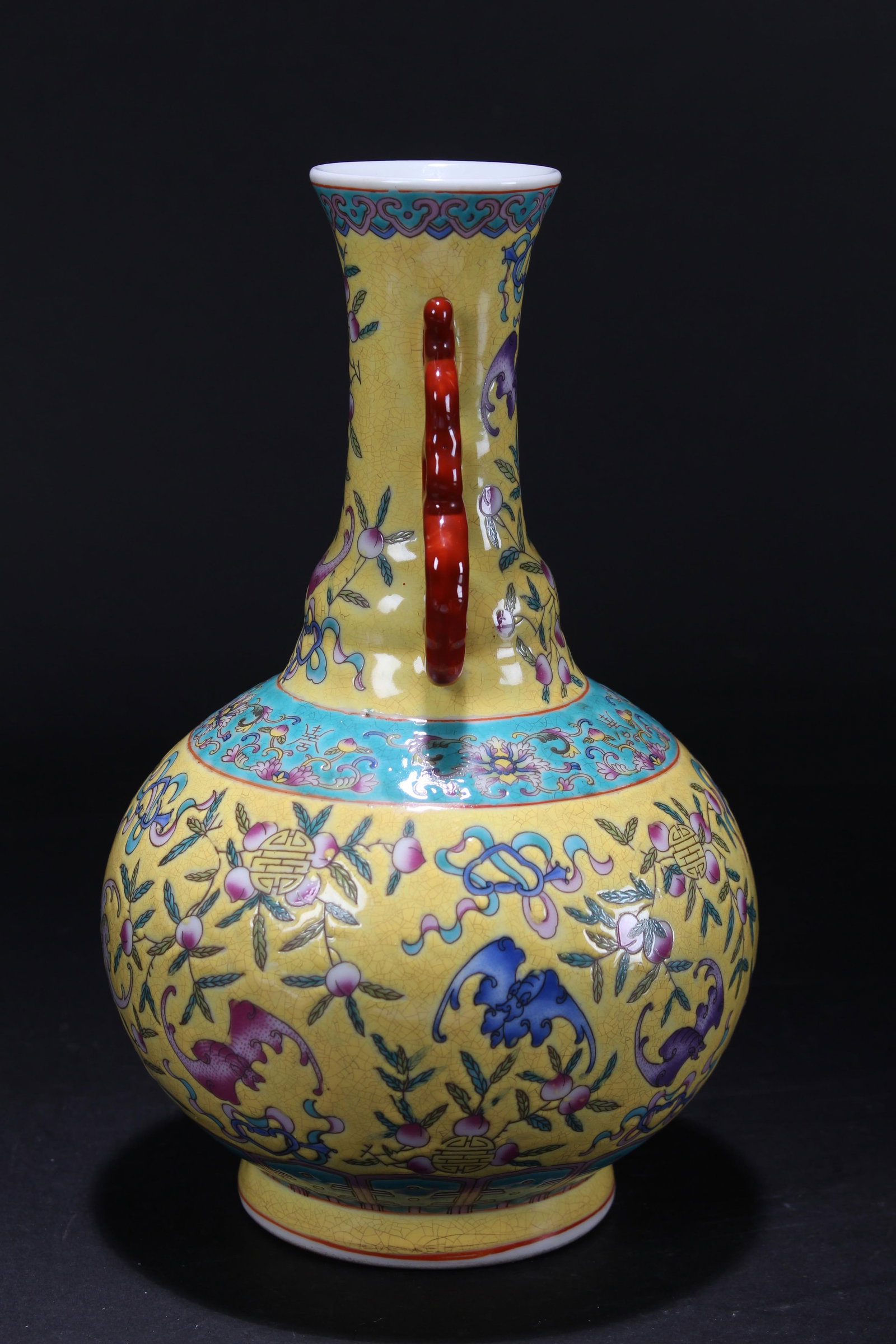 A Chinese Duo-handled Yellow-coding Porcelain Fortune Vase - 4