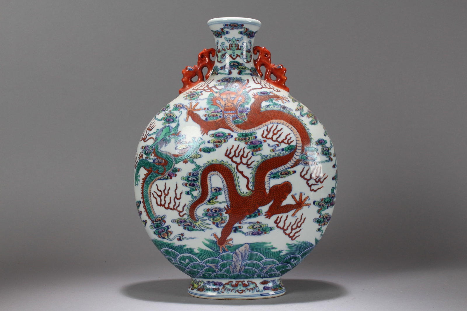 A Chinese Duo-handling Dragon-decorating Massive Porcelain Fortune Vase: A Chinese Duo-handling Dragon-decorating Massive Porcelain Fortune Vase. Height: 14 (inch). Width: 10.5 (inch).