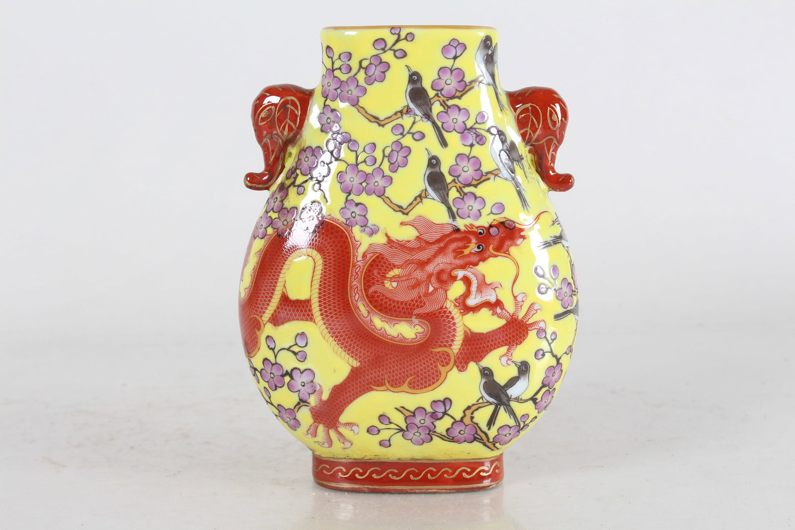 A Chinese Duo-handled Dragon-decorating Porcelain Fortune Vase: A Chinese Duo-handled Dragon-decorating Porcelain Fortune Vase . Height: 6.5 (inch).