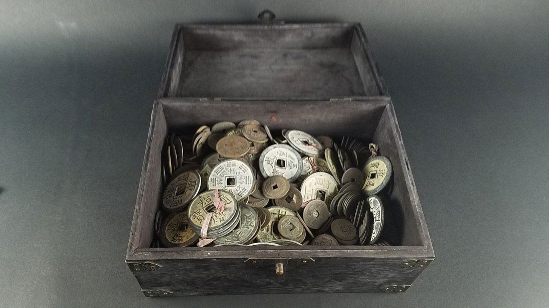 A Pile of Chinese Coins with Wooden Box (1 of 6)
