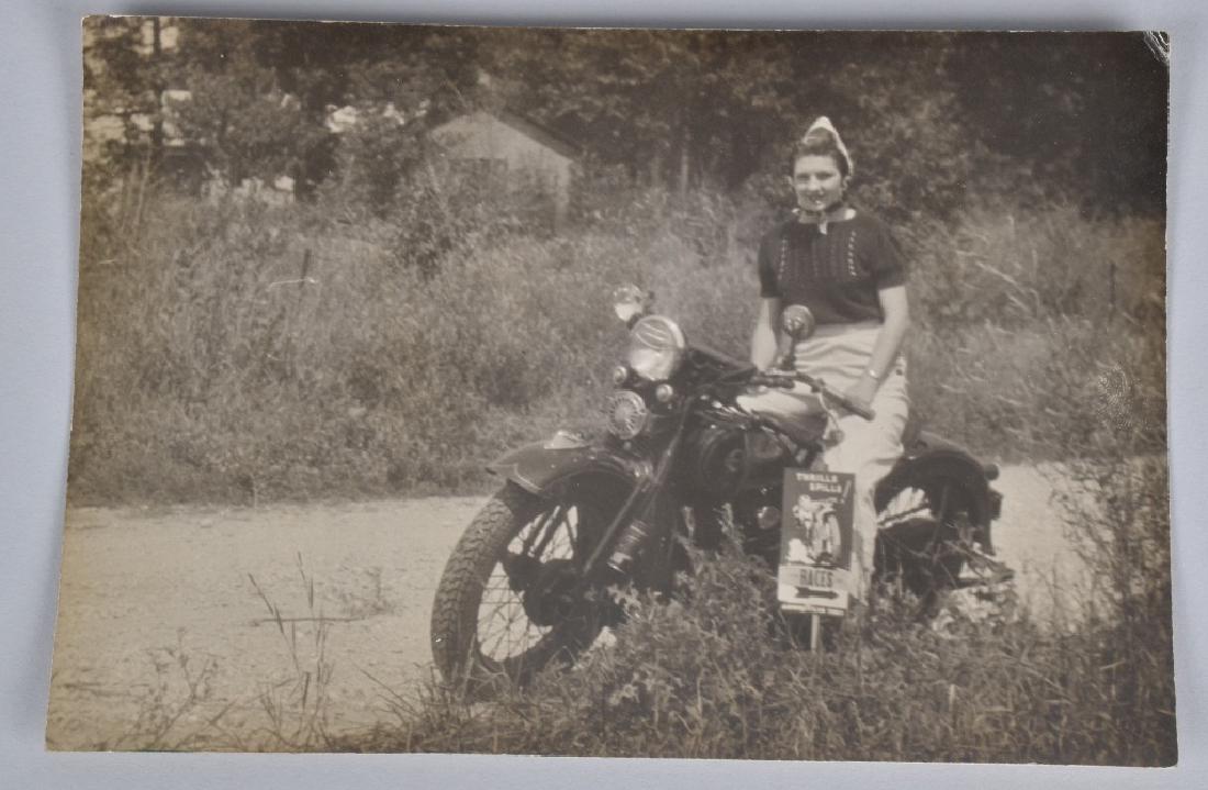 VINTAGE PHOTO OF GIRL ON MOTORCYLE w/ RACE SIGN: Original picture of Girl on Harley Davidson sitting next to Motorcycle Race Sign similar to Lot #153. 7"x5"