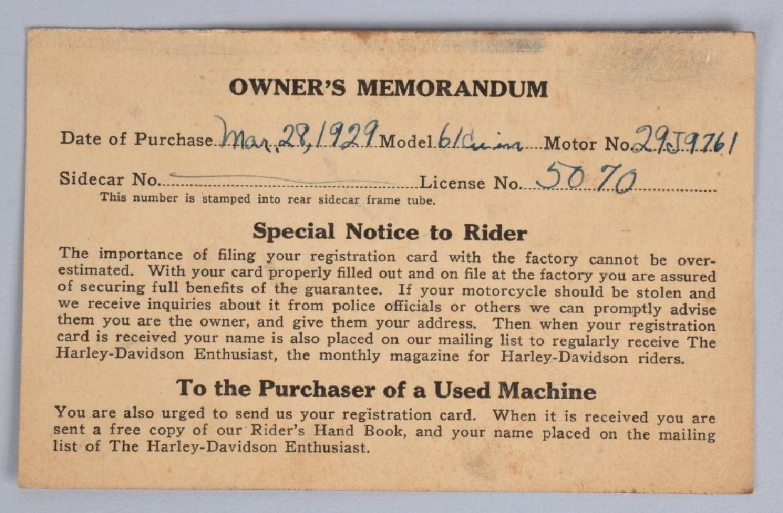 1929 HARLEY DAVIDSON OWNERS MEMORANDUM: Original 1929 Harley Davidson Owners Memorandum. Made out March 28, 1929 Motor #29J9761. Excellent