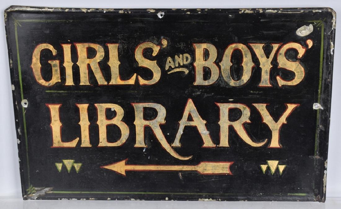 Early GIRLS & BOYS LIBRARY ARROW Paint Tin Sign (1 of 2)