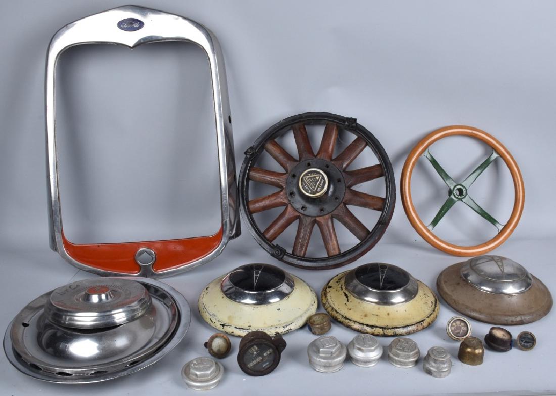 Lot of ANTIQUE CAR PARTS: Includes Ford Grill Shell, Hudson Wooden Rim, Steering Wheel, Hub Caps, Gauges, and More. Very Good-Excellent