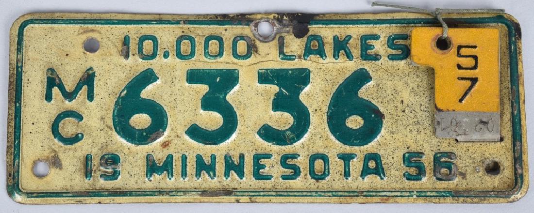 1956 MINNESOTA MOTORCYCLE PLATE w/ 57 TOPPER: 1956 Minnesota Motorcycle License Plate with 1957 Renewal Topper. Very Good