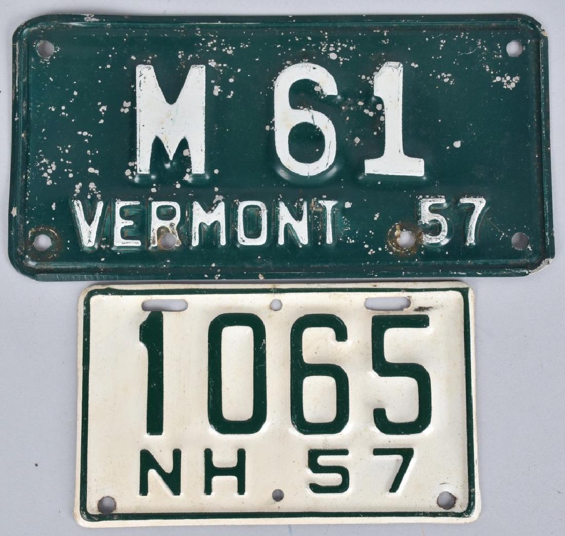 1957 MEW HAMPSHIRE & VERMONT MOTORCYCLE PLATES: Includes 1957 New Hampshire and Vermont Motorcycle License Plates. Very Good-Excellent