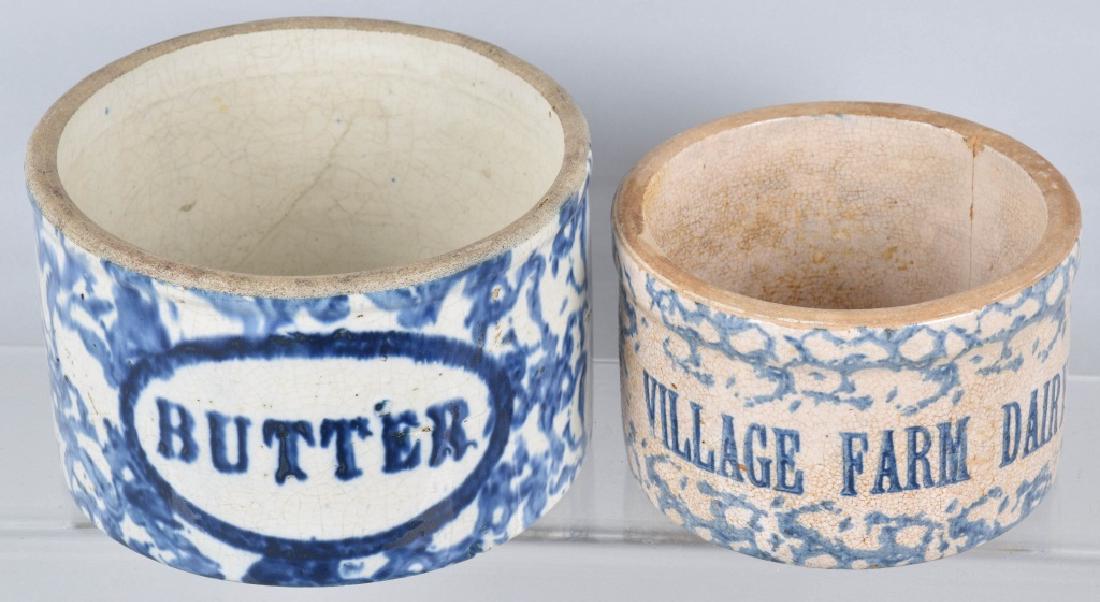 2-BLUE SPONGE WARE BUTTER CROCKS, VINTAGE (1 of 4)