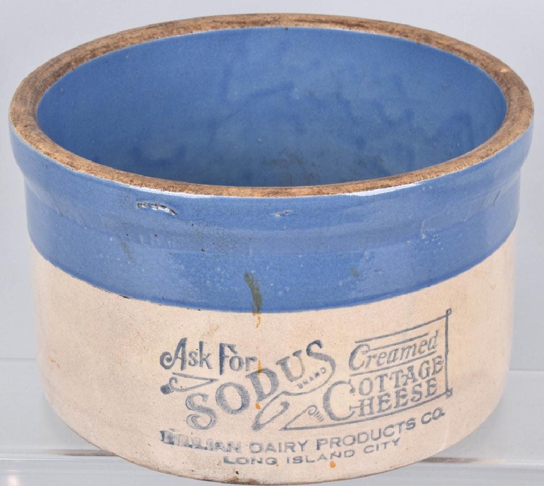 BLUE and WHITE STONEWARE ADVERTISING CROCK (1 of 5)