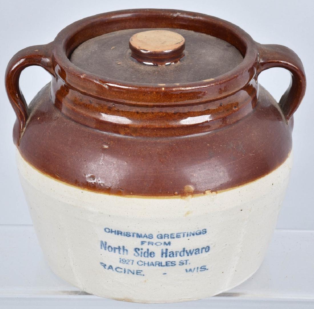 CHRISTMAS GREETINGS STONEWARE ADV. BEAN POT (1 of 4)