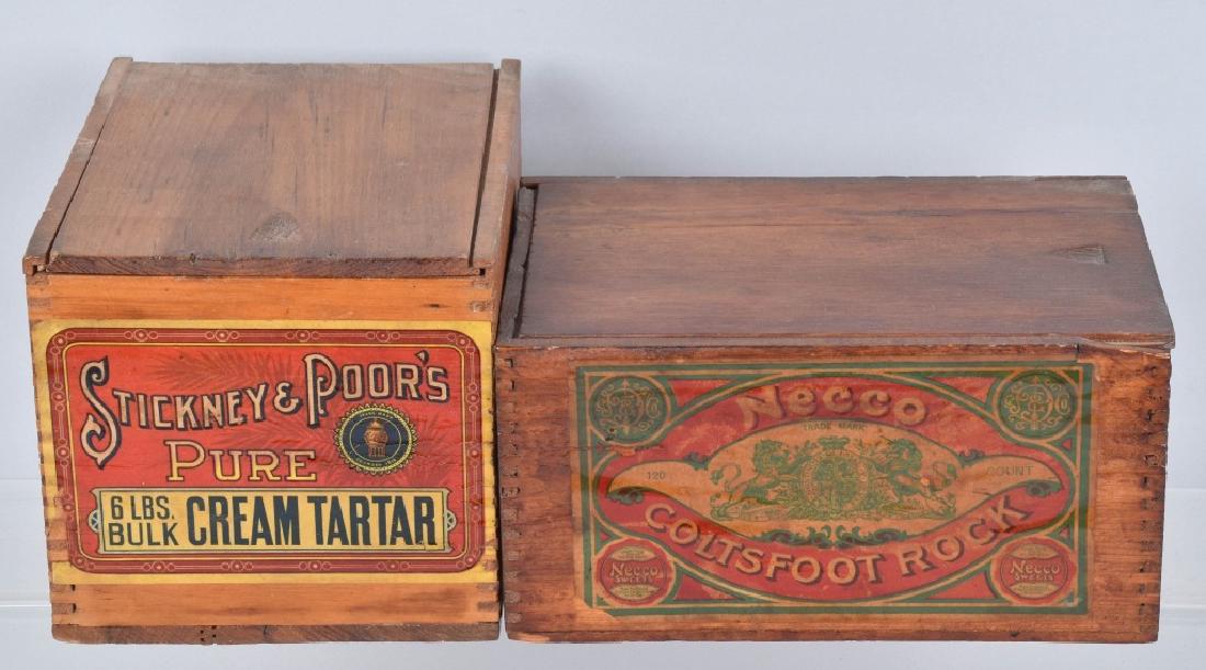 2-ADVERTISING WOOD CRATES, NECCO & CREAM TARTAR: Largest is 9" by 5 1/2" by 4 1/2", one is Necco Sweets Coltsfoot Rock, and the other is Stickney & Poors Pure Cream Tartar. Minor wear. Very Good-Excellent