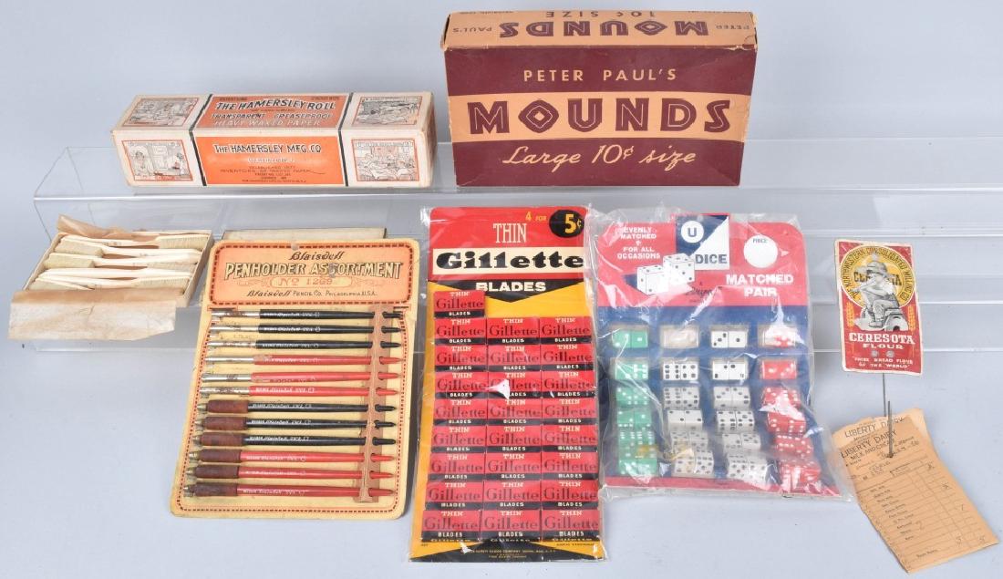 VINTAGE ADVERTISING LOT: Very nice lot with vintage Mounds candy box, Hammersley roll Waxed paper box, a set of 6 bone handled tooth brushes, Cersesto Flour advertising bill hook, Pen Holder assortment on card, Gillette razor