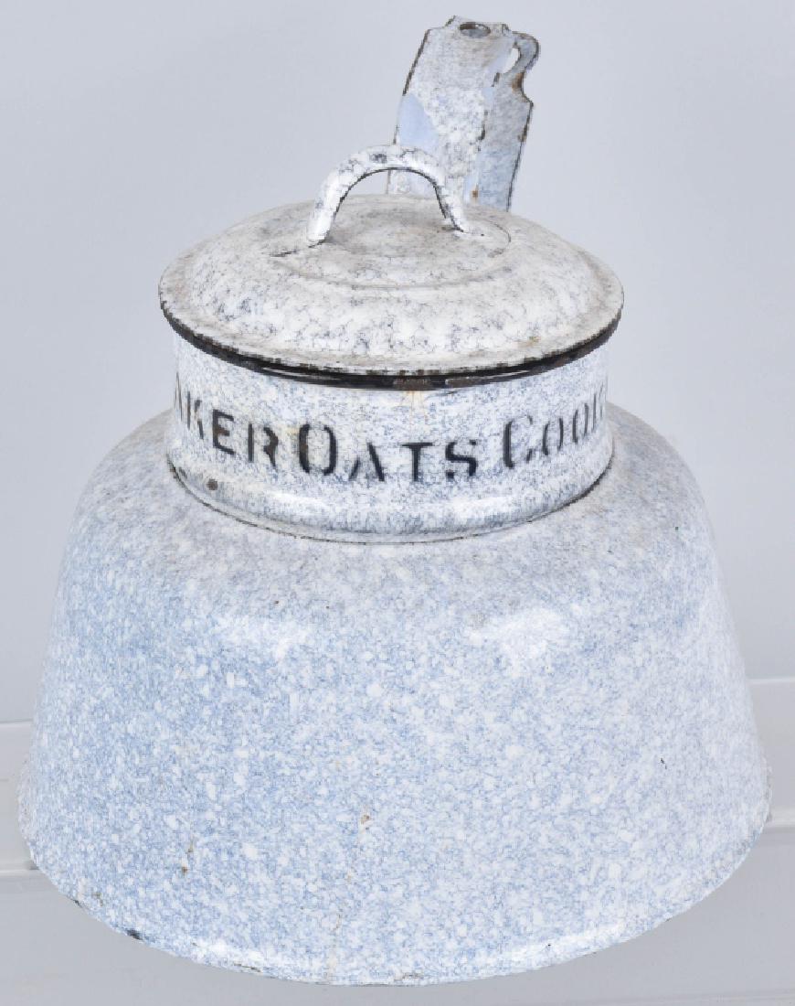 QUAKER OATS ADVERTISING GRANITEWARE COOKER: 9" high by 9" diameter, scarce vintage advertising granite ware 2 piece cooker with lid. Minor wear . Very Good-Excellent