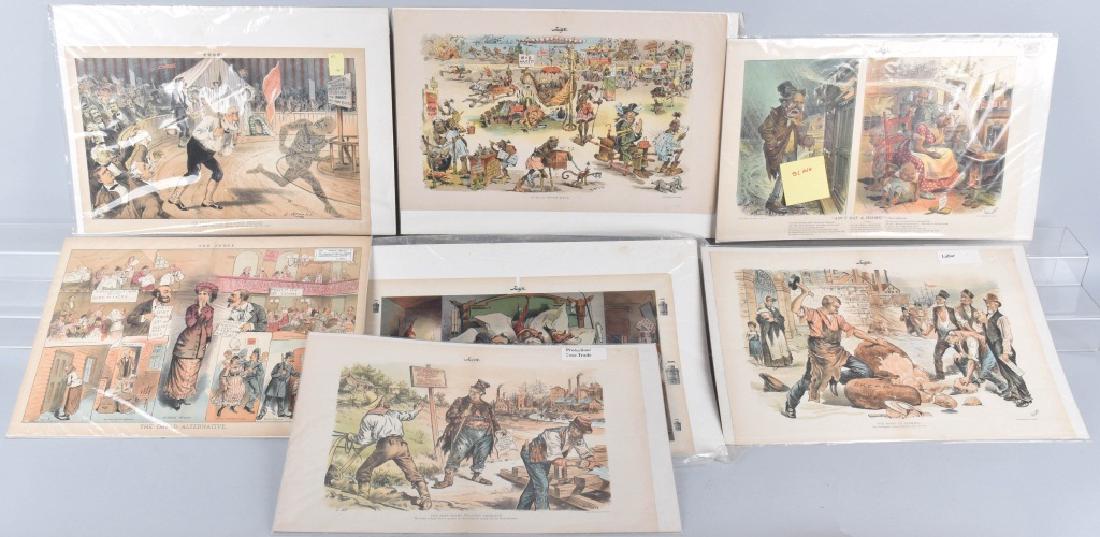 7-JUDGE and PUCK POLITICAL CARTOONS, VINTAGE: Largest is about 20" by 13" and date from the 1880's to early 1900's. Nice graphics and colors. Several artists represented including Keppler, Gillam, JA Wales and more. All display well. Condition va