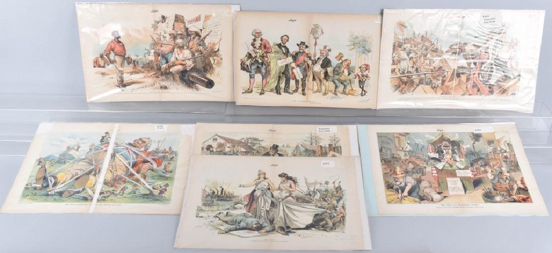 7-JUDGE and PUCK POLITICAL CARTOONS, VINTAGE: Largest is about 20" by 13" and date from the 1880's to early 1900's. Nice graphics and colors. Several artists represented including Hamilton, Gillam, and more. Subject matter includes Presidents, KK