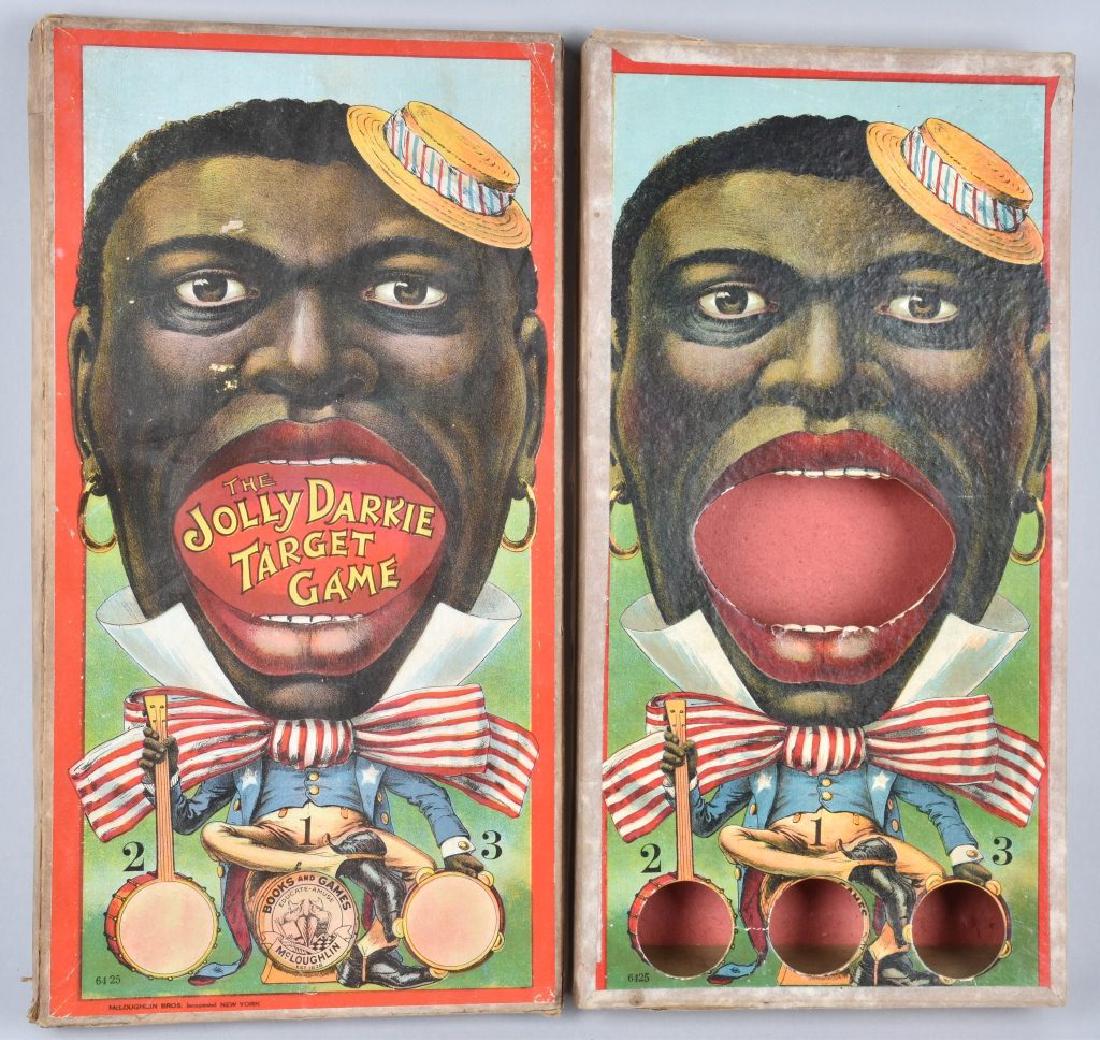 MCLOUGHLIN BROS. JOLLY DARKY TARGET GAME: 15" by 8" small version with nice graphics, missing balls. Light wear, displays well. Very Good