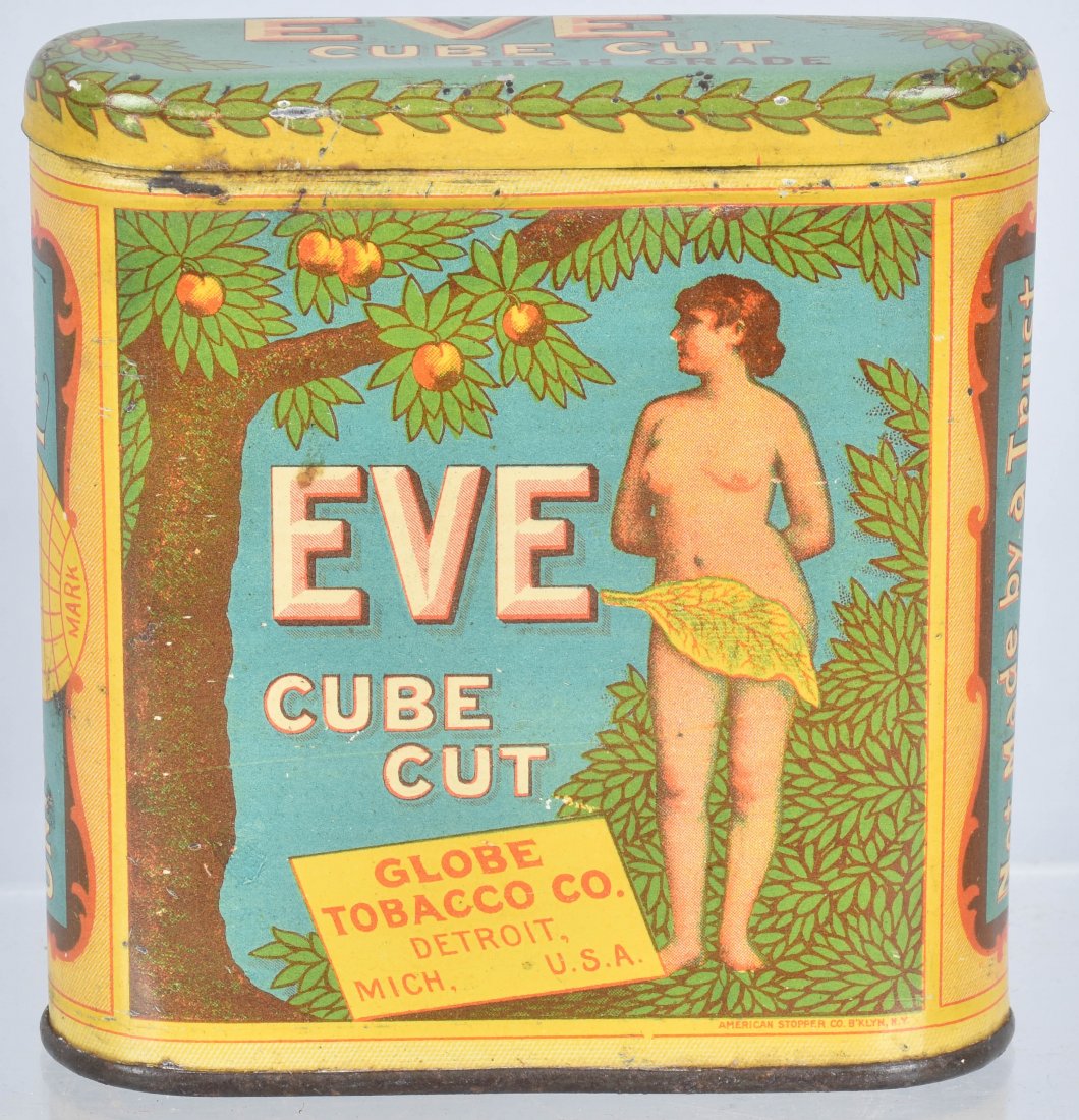 EVE CUBE CUT POCKET TOBACCO TIN: All original pocket tin with great colors and graphics. Excellent