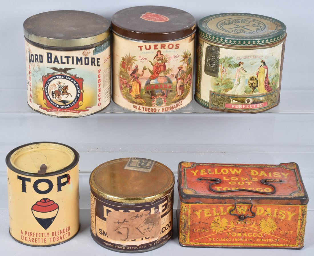 6- TOBACCO & CIGAR TINS: Yellow Daisy Tobacco, Alverez Lopez Cigars, Dixie Plug paper label, Lord Baltimore paper label, Tueros Cigars paper label, & Tops Cigars. Very Good-Excellent